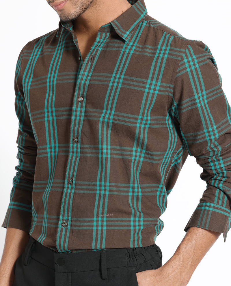 Rare Rabbit Men's Missys Brown Cotton Fabric Full Sleeves Checks Shirt