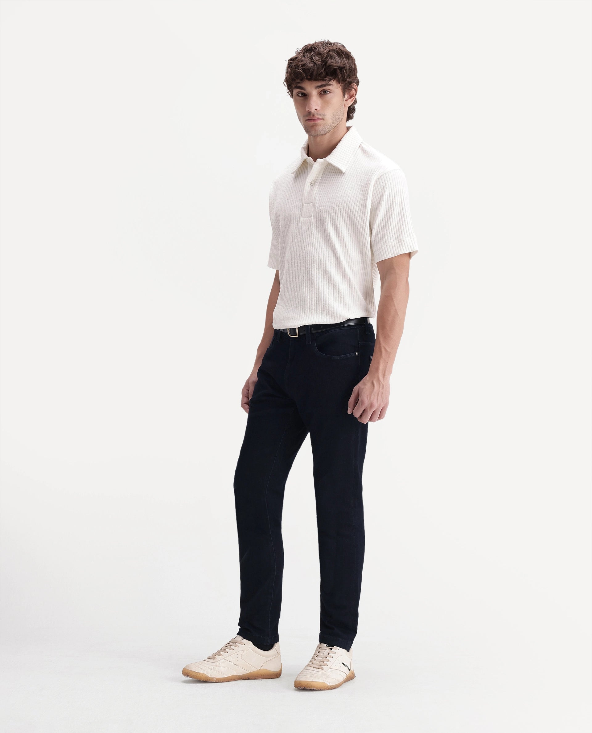 Rare Rabbit Men's Mist Dark Navy Cotton Blend Hawk Slim Plain Jeans