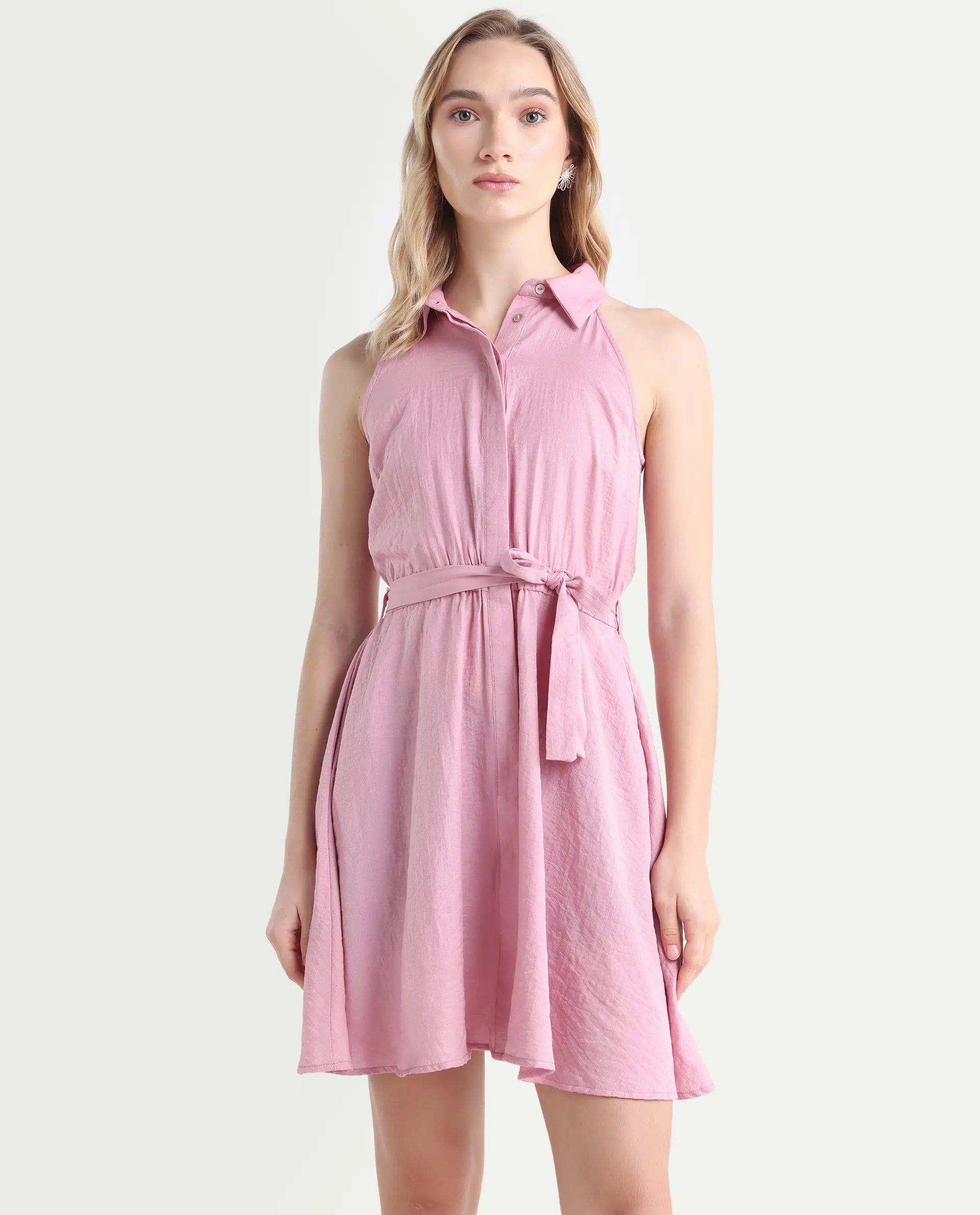 Rareism Women's Mistletoe Pink Nylon Blend Spread Collar Plain Sleeveless Knee Length Regular Fit Dress