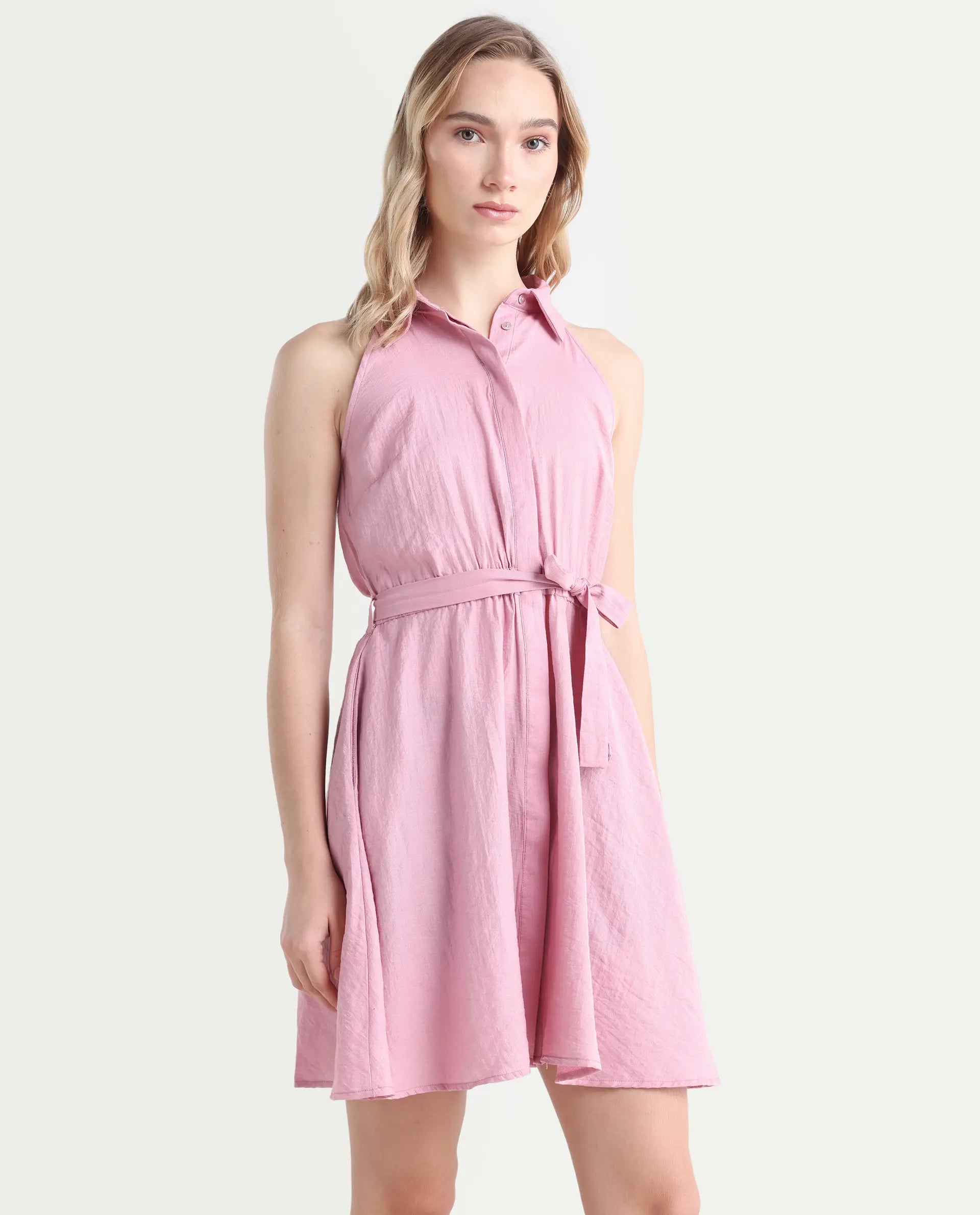 Rareism Women's Mistletoe Pink Nylon Blend Spread Collar Plain Sleeveless Knee Length Regular Fit Dress