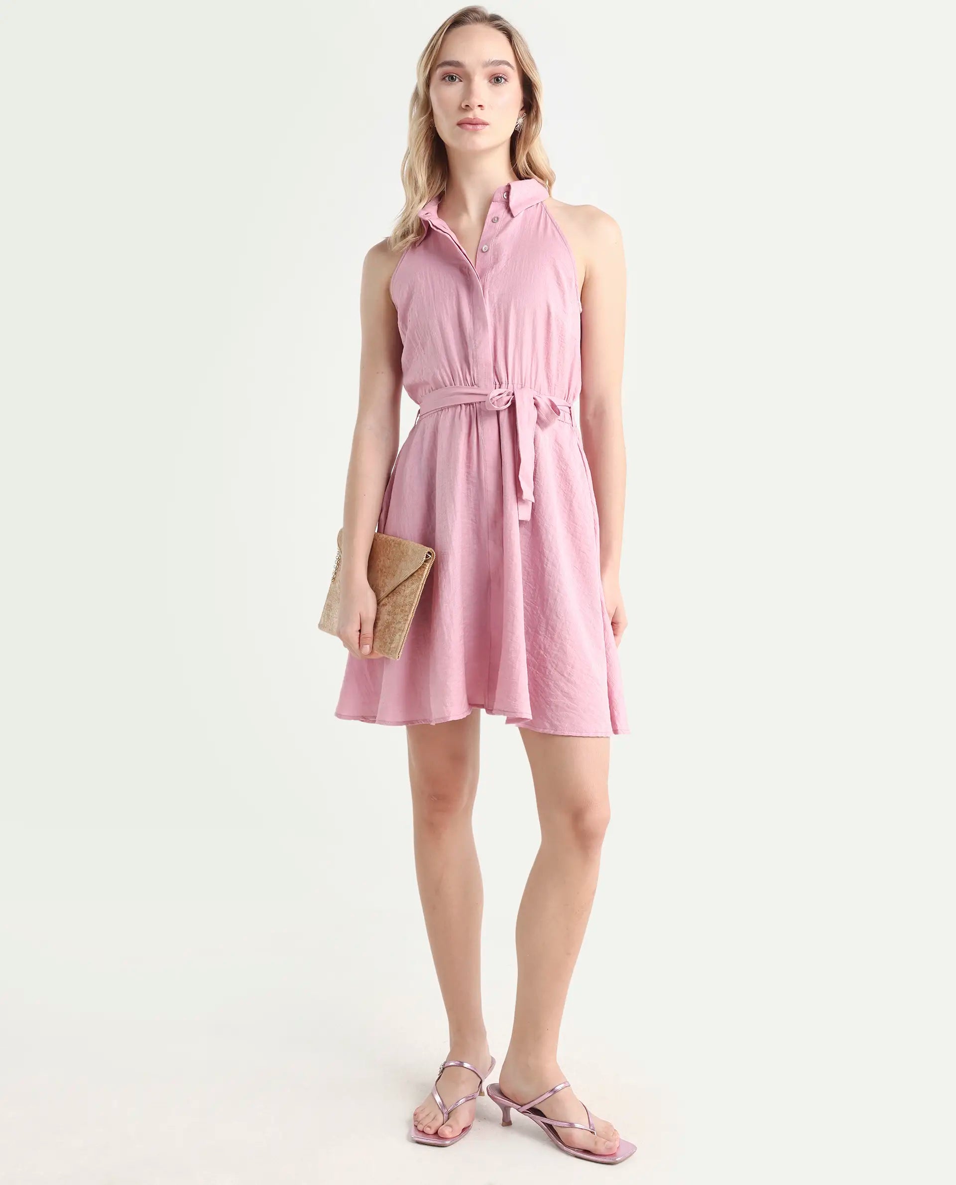 Rareism Women's Mistletoe Pink Nylon Blend Spread Collar Plain Sleeveless Knee Length Regular Fit Dress