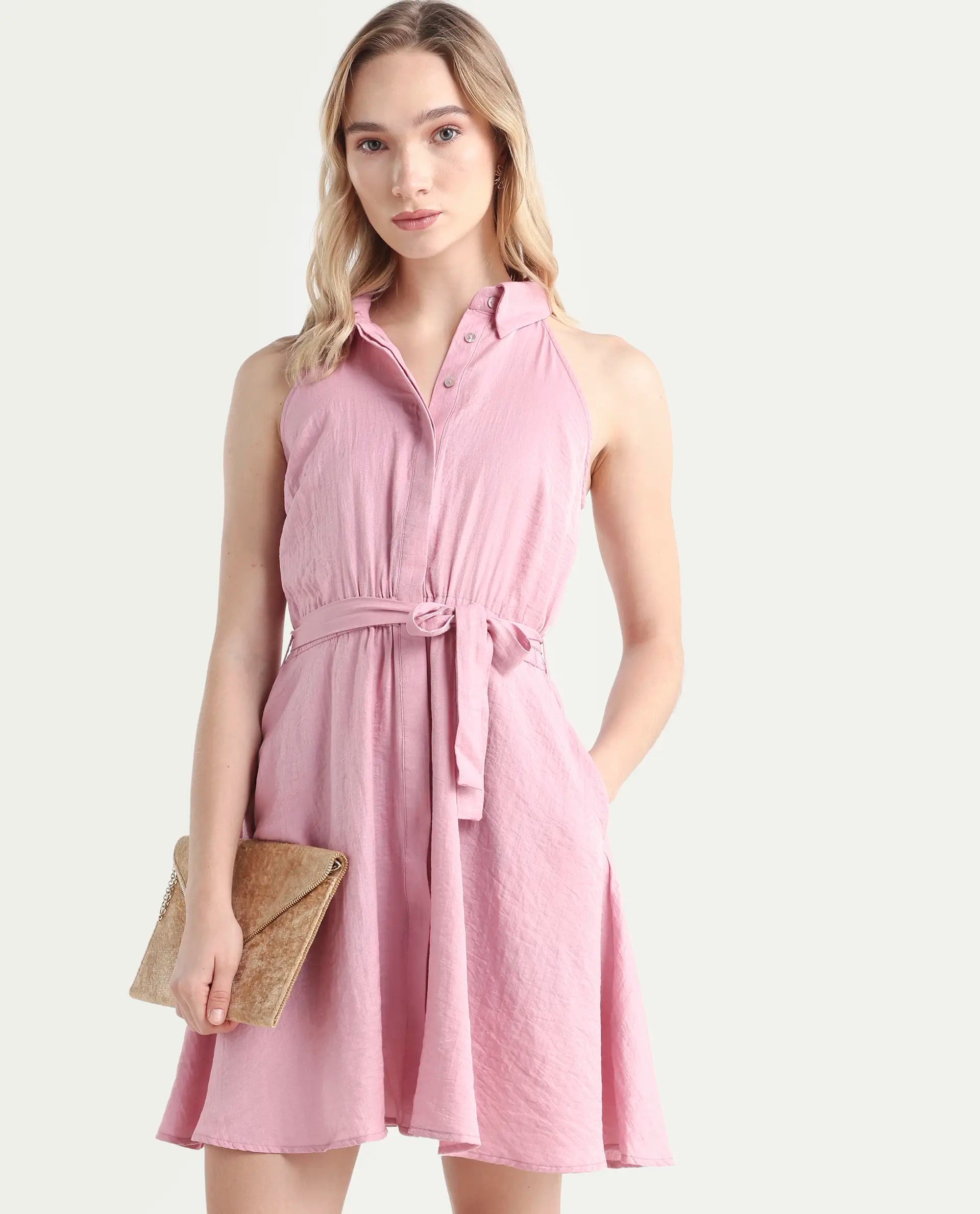 Rareism Women's Mistletoe Pink Nylon Blend Spread Collar Plain Sleeveless Knee Length Regular Fit Dress