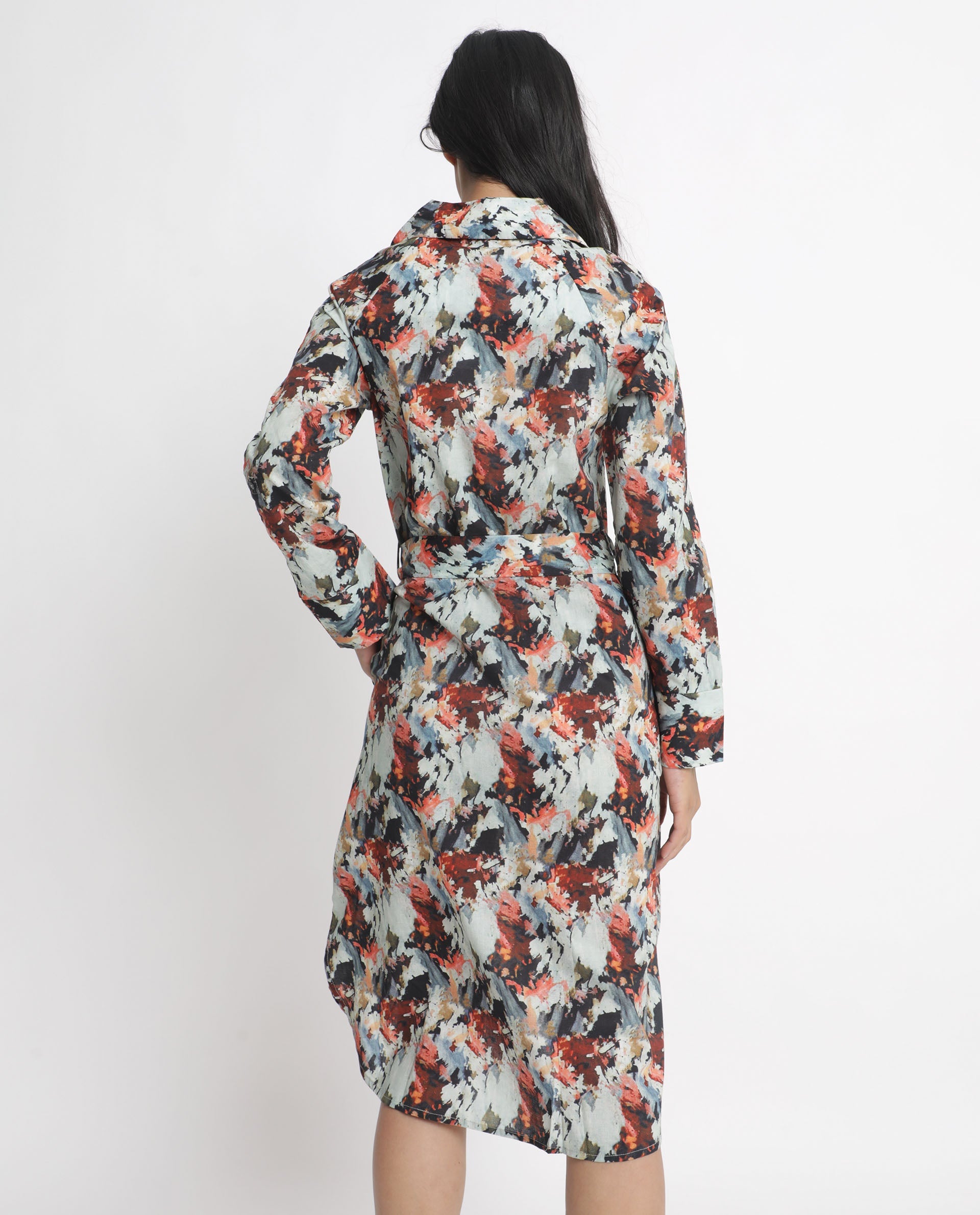 Rareism Women Mitchell Multi Cotton Fabric Full Sleeves Button Closure Shirt Collar Regular Fit Abstract Print Knee Length Shirt Type Dress