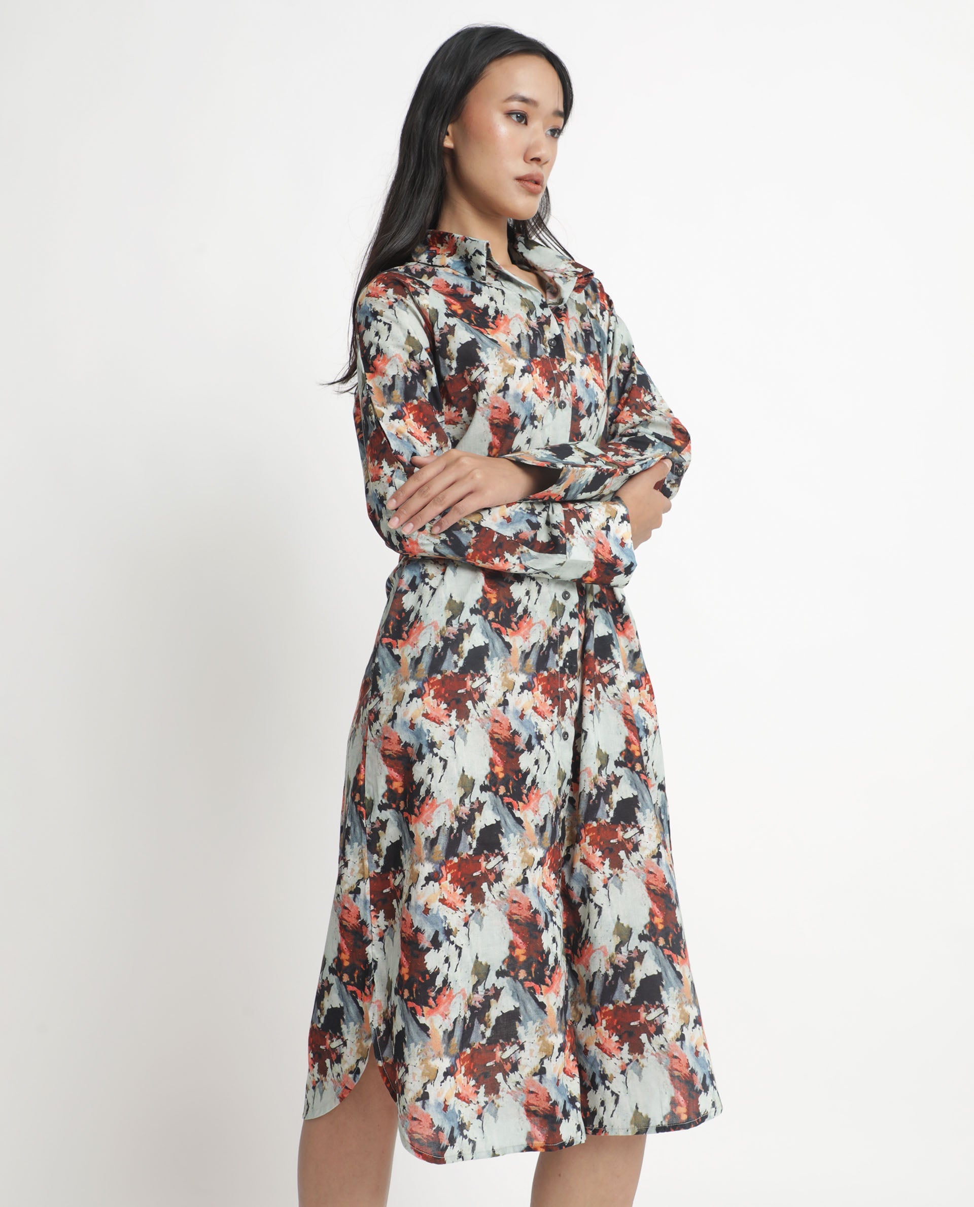 Rareism Women Mitchell Multi Cotton Fabric Full Sleeves Button Closure Shirt Collar Regular Fit Abstract Print Knee Length Shirt Type Dress