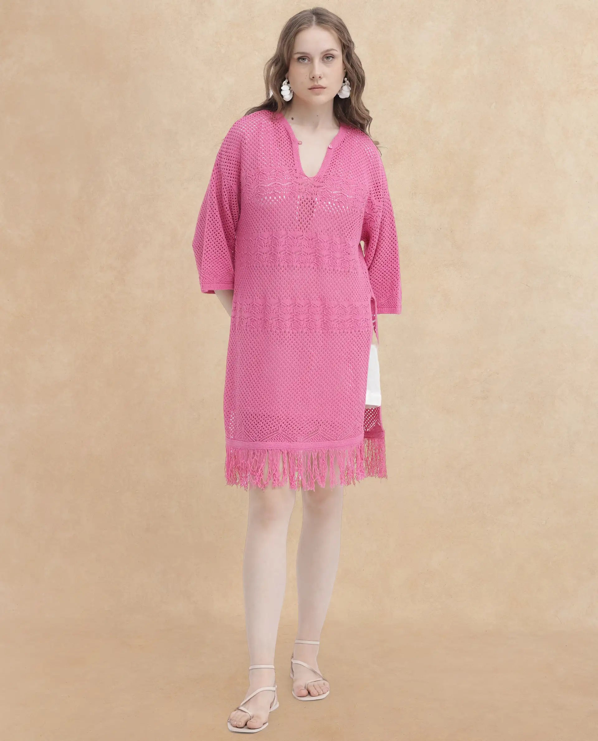 Rareism Women Mitsuko Pink Cotton Fabric 3/4Th Sleeves Button Closure Key Hole Neck Relaxed Fit Plain Knee Length Dress