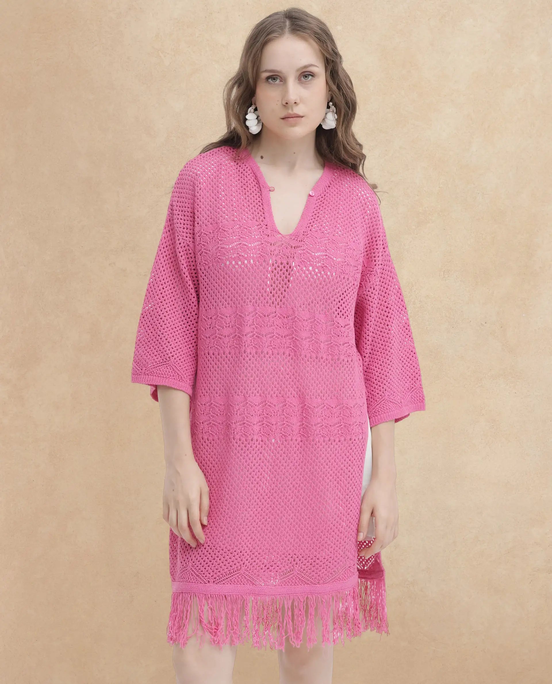 Rareism Women Mitsuko Pink Cotton Fabric 3/4Th Sleeves Button Closure Key Hole Neck Relaxed Fit Plain Knee Length Dress