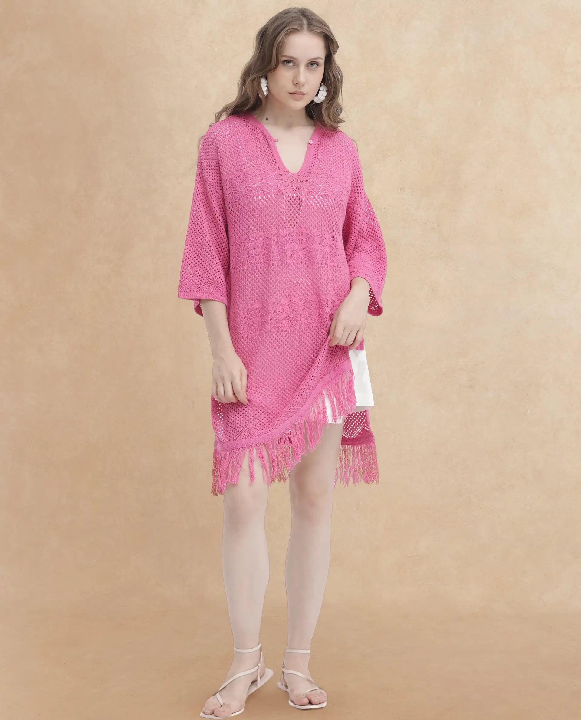 Rareism Women Mitsuko Pink Cotton Fabric 3/4Th Sleeves Button Closure Key Hole Neck Relaxed Fit Plain Knee Length Dress
