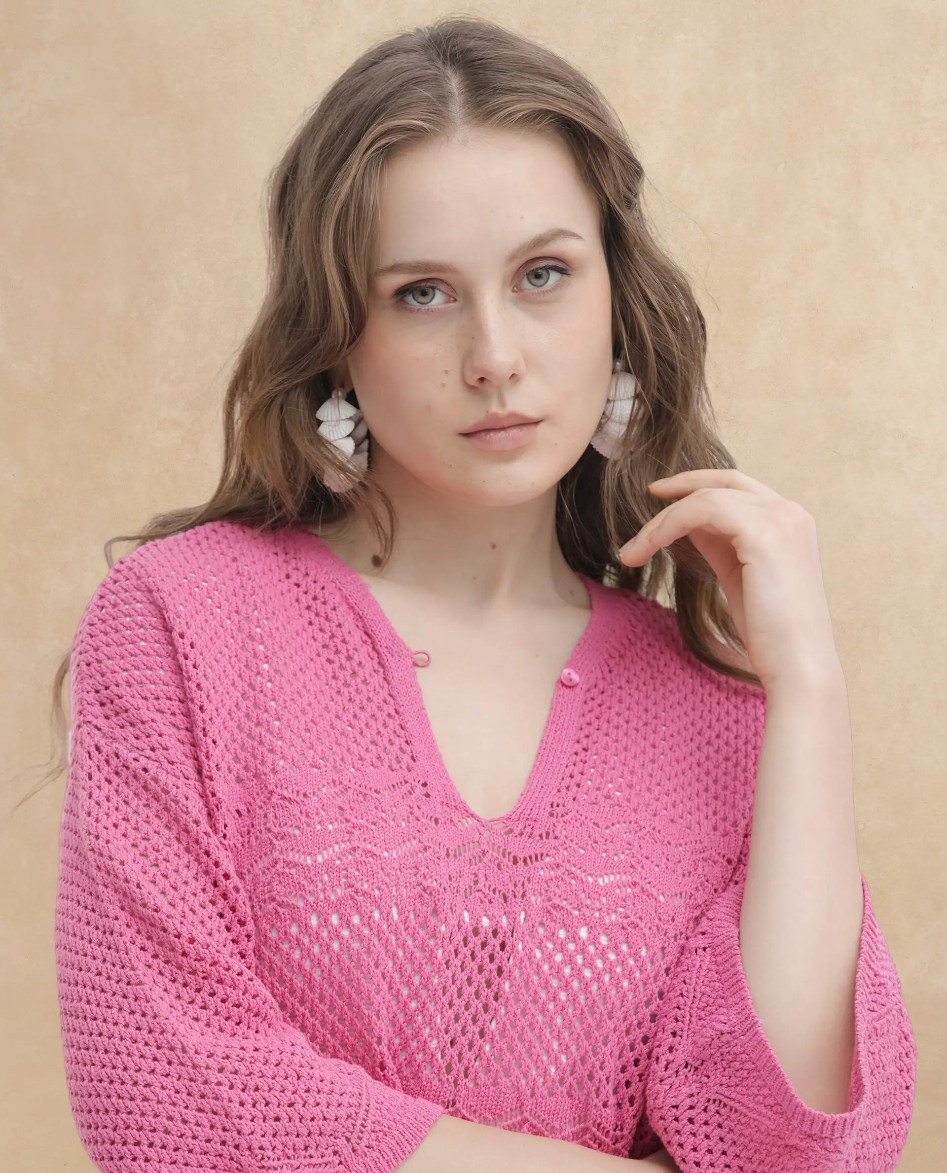 Rareism Women Mitsuko Pink Cotton Fabric 3/4Th Sleeves Button Closure Key Hole Neck Relaxed Fit Plain Knee Length Dress