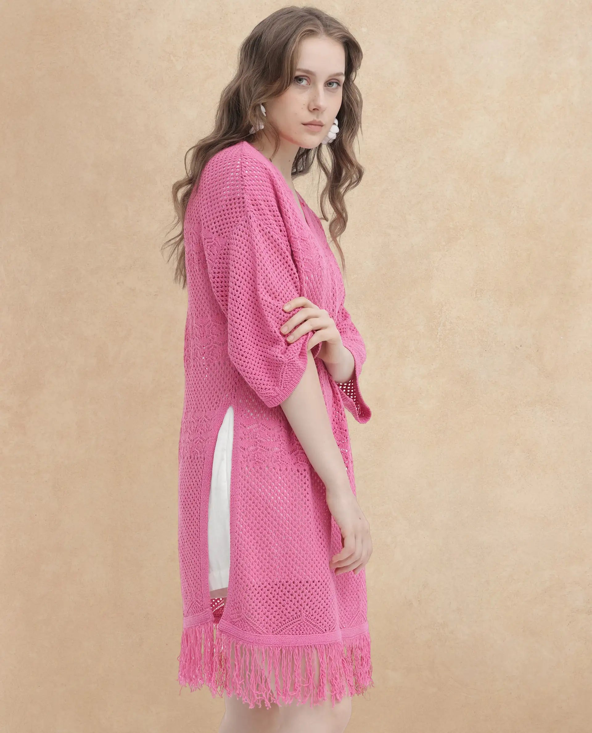 Rareism Women Mitsuko Pink Cotton Fabric 3/4Th Sleeves Button Closure Key Hole Neck Relaxed Fit Plain Knee Length Dress