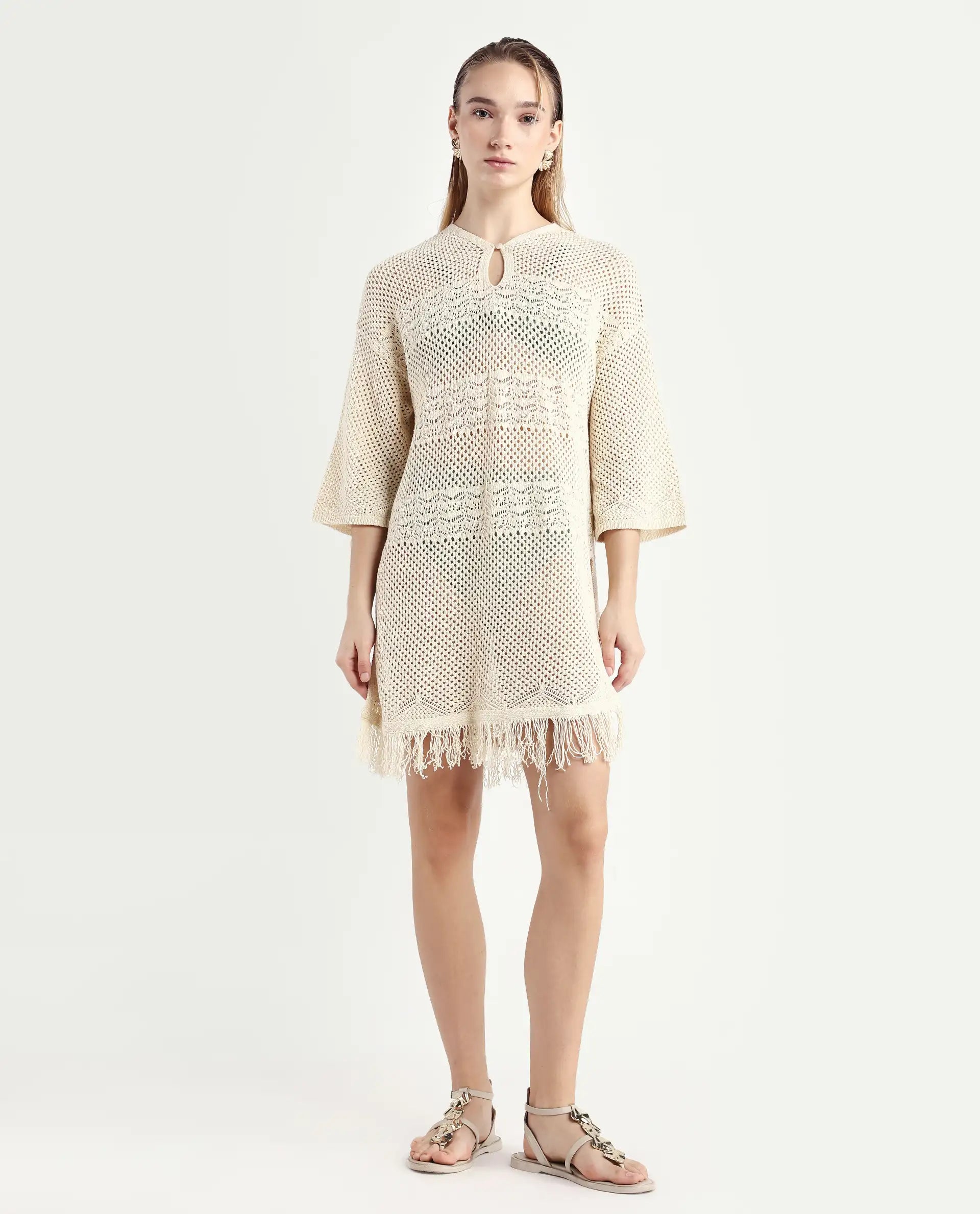 Rareism Women's Mitsuko Off White Cotton Key Hole Neck Plain Knee Length Relaxed Fit Dress