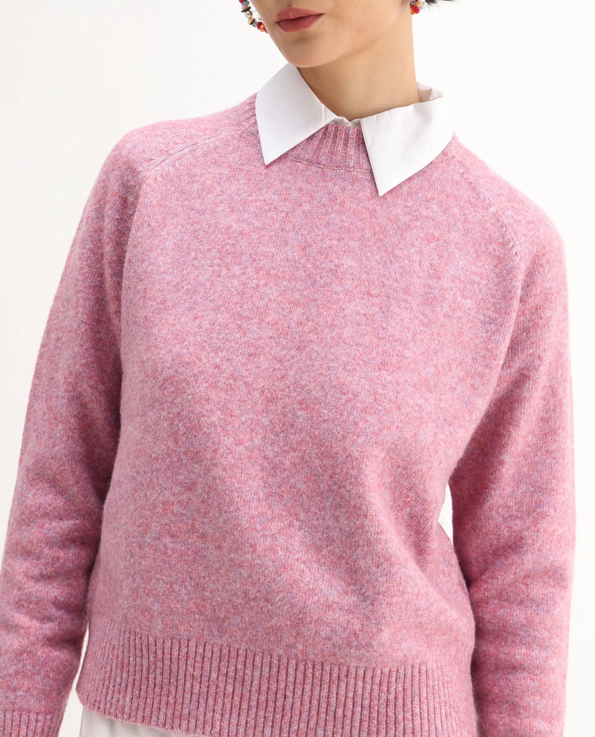 Rareism Women's Mitsu Light Pink Acrylic Blend Crew Neck Relaxed Fit Sweater