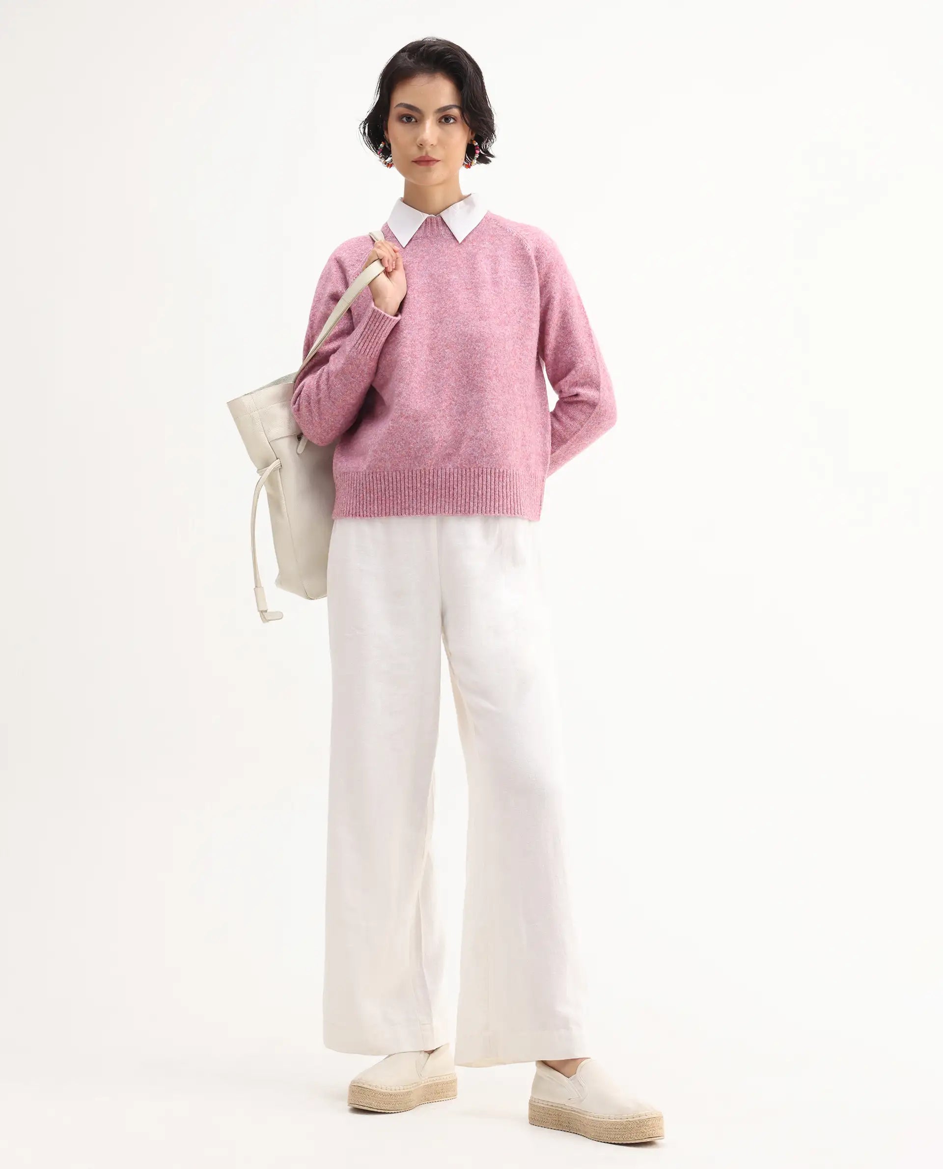 Rareism Women's Mitsu Light Pink Acrylic Blend Crew Neck Relaxed Fit Sweater
