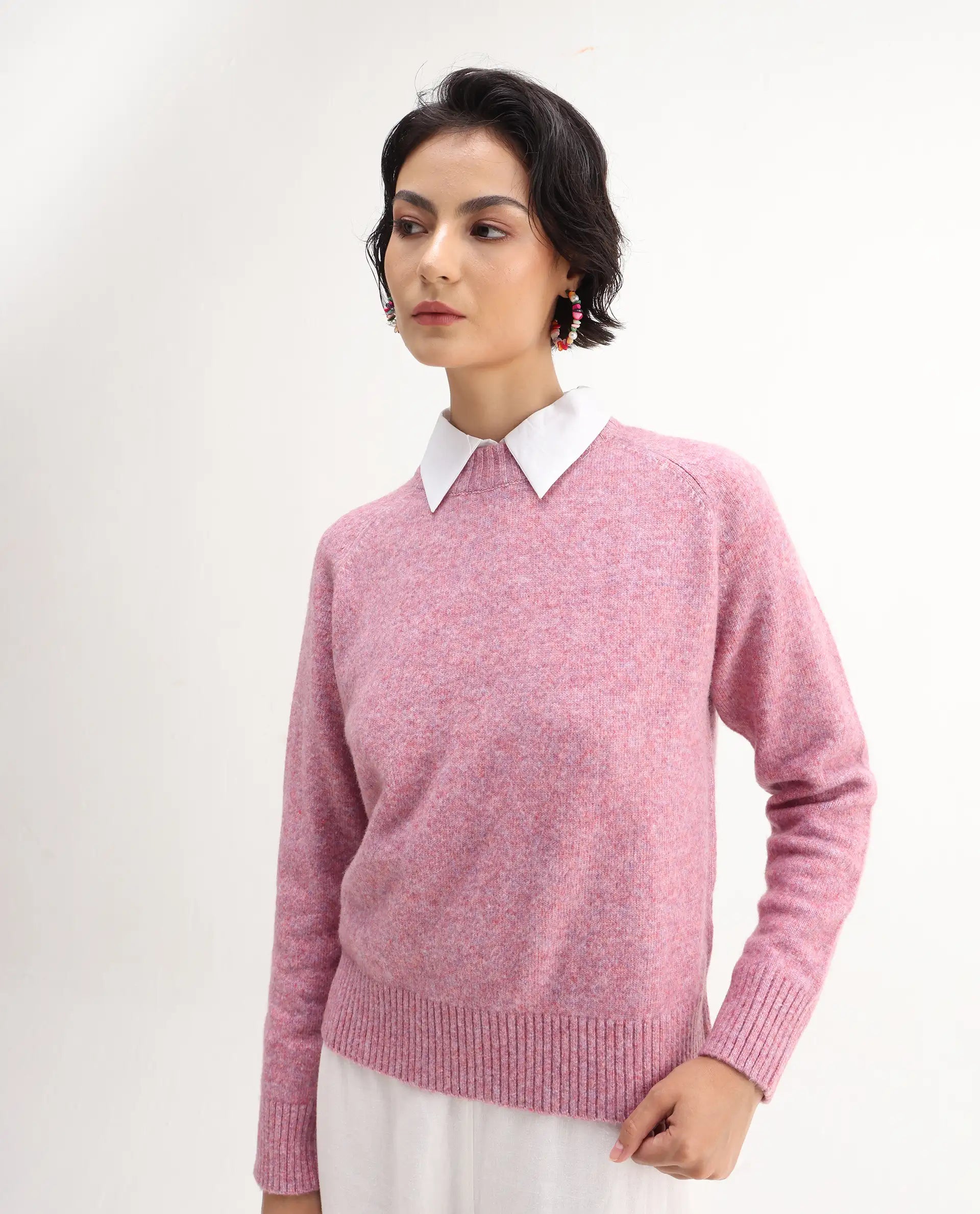 Rareism Women's Mitsu Light Pink Acrylic Blend Crew Neck Relaxed Fit Sweater