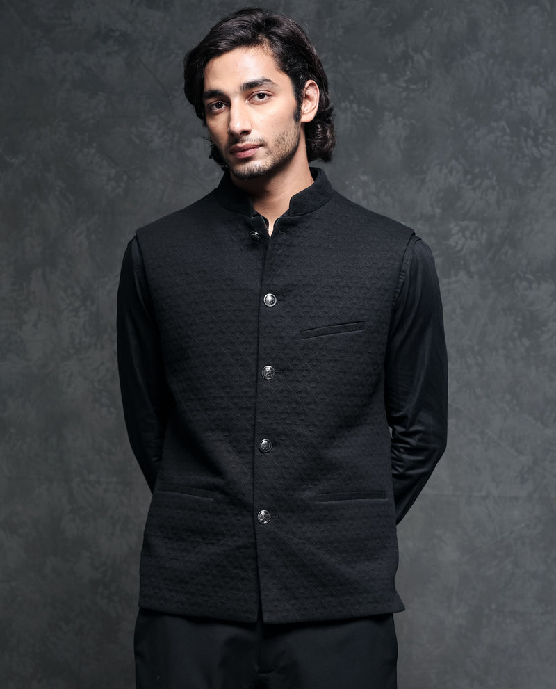 Rare Rabbit Bandi Rare Rabbit Men's Mitzi Black Mandarin Collar Tailored Fit Geometric J