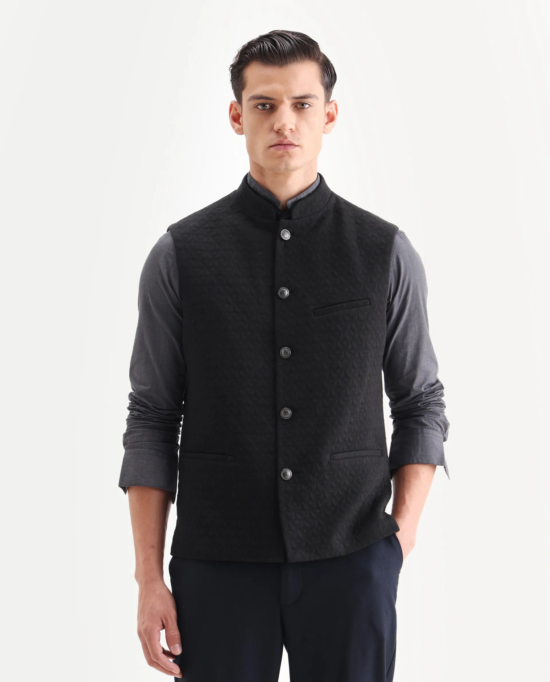 Rare Rabbit Men's Mitzi Black Cotton Jacquard Tailored Fit Sleeveless Mandarin Collar Bandhgala