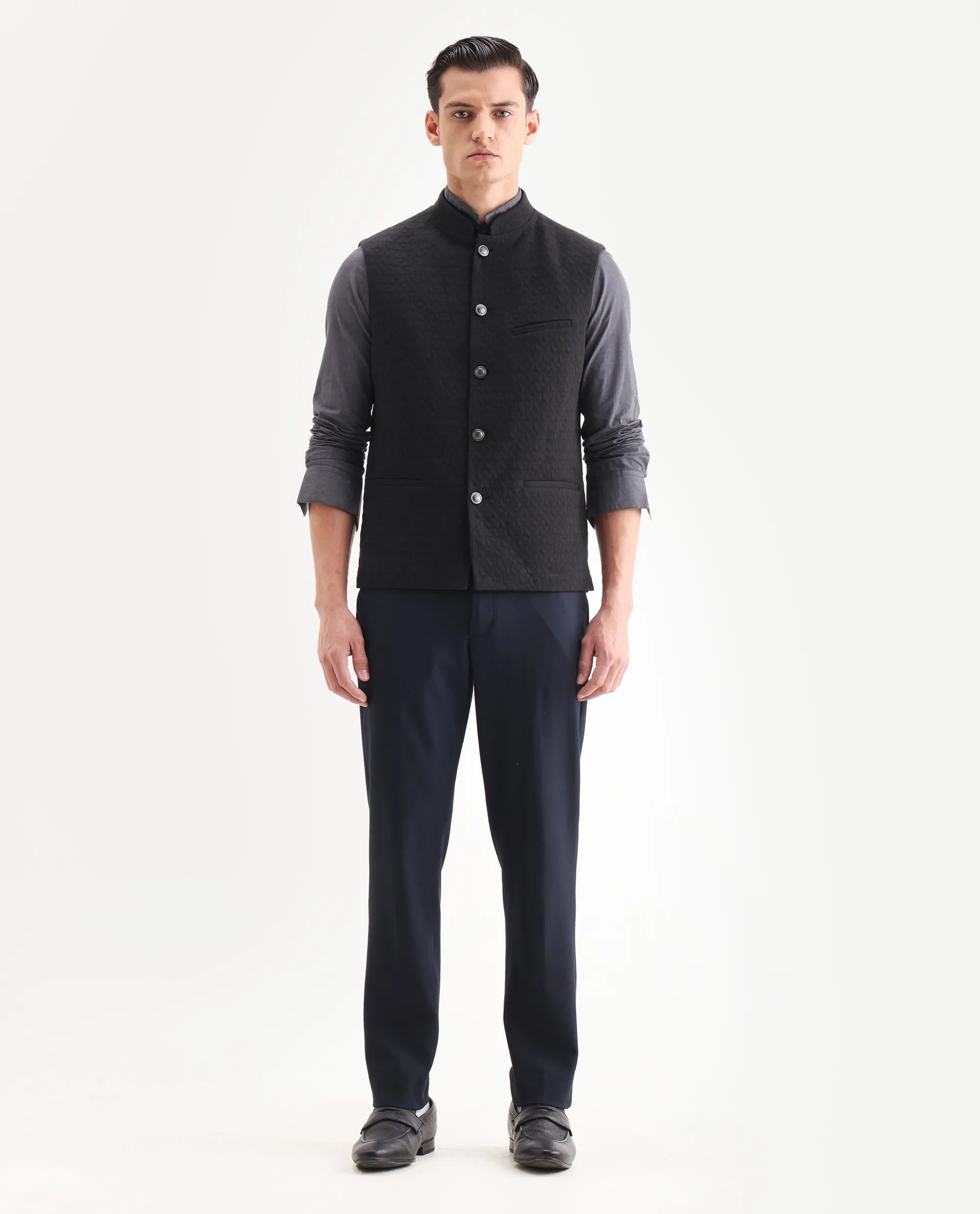 Rare Rabbit Men's Mitzi Black Cotton Jacquard Tailored Fit Sleeveless Mandarin Collar Bandhgala