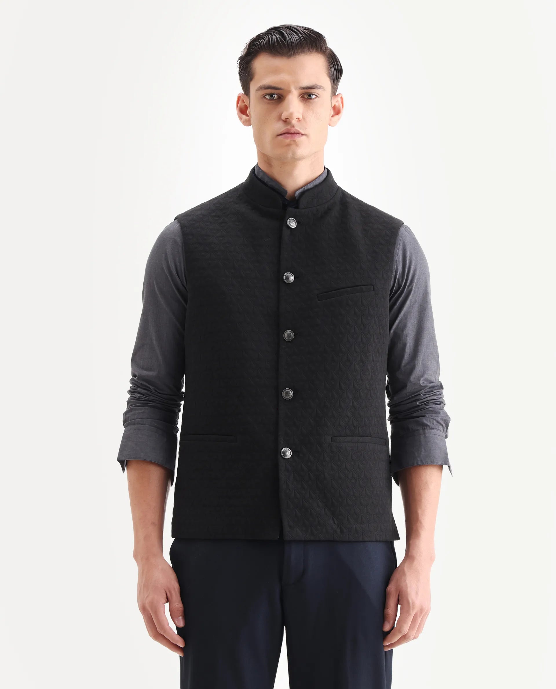 Rare Rabbit Men's Mitzi Black Cotton Jacquard Tailored Fit Sleeveless Mandarin Collar Bandhgala