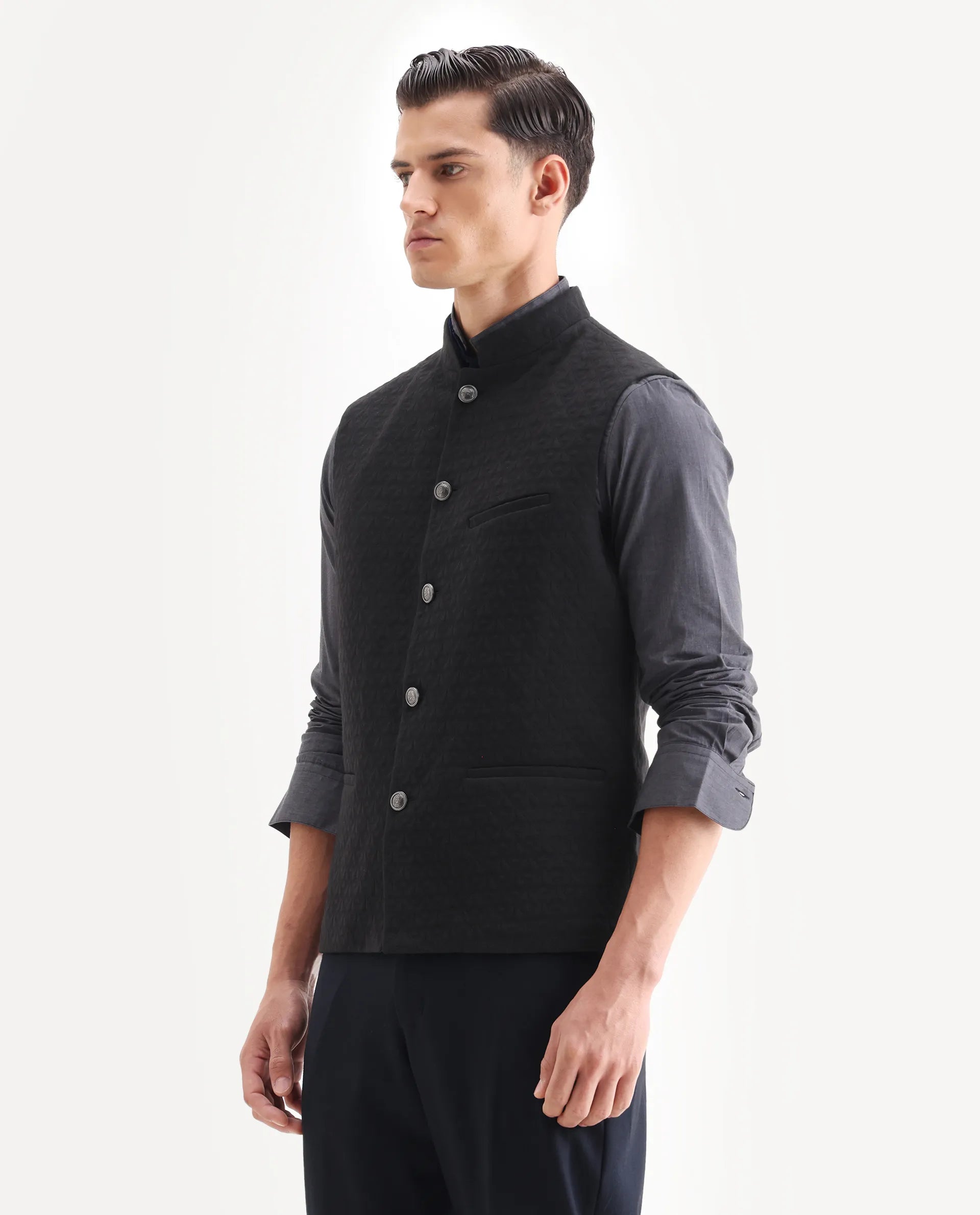 Rare Rabbit Men's Mitzi Black Cotton Jacquard Tailored Fit Sleeveless Mandarin Collar Bandhgala