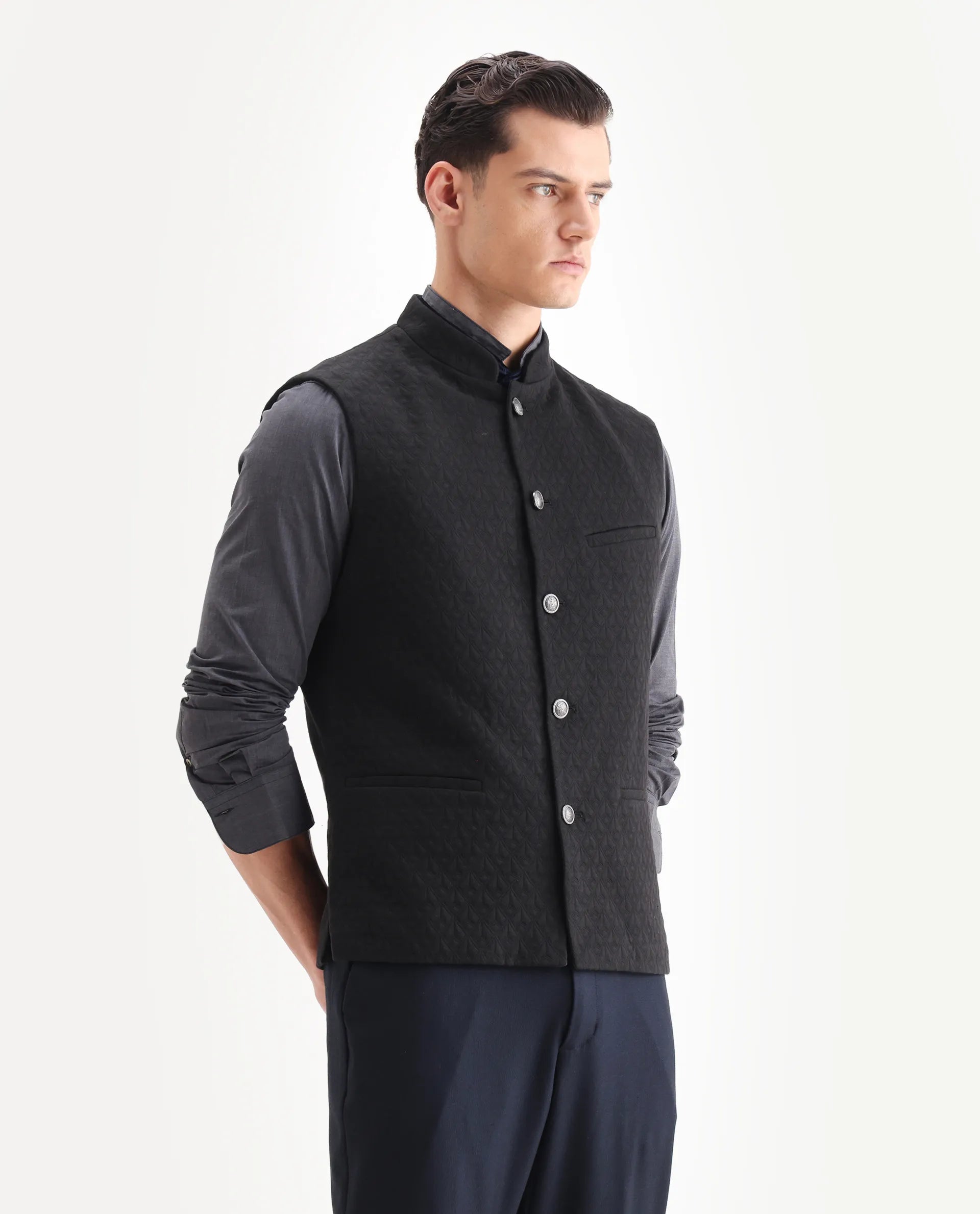 Rare Rabbit Men's Mitzi Black Cotton Jacquard Tailored Fit Sleeveless Mandarin Collar Bandhgala