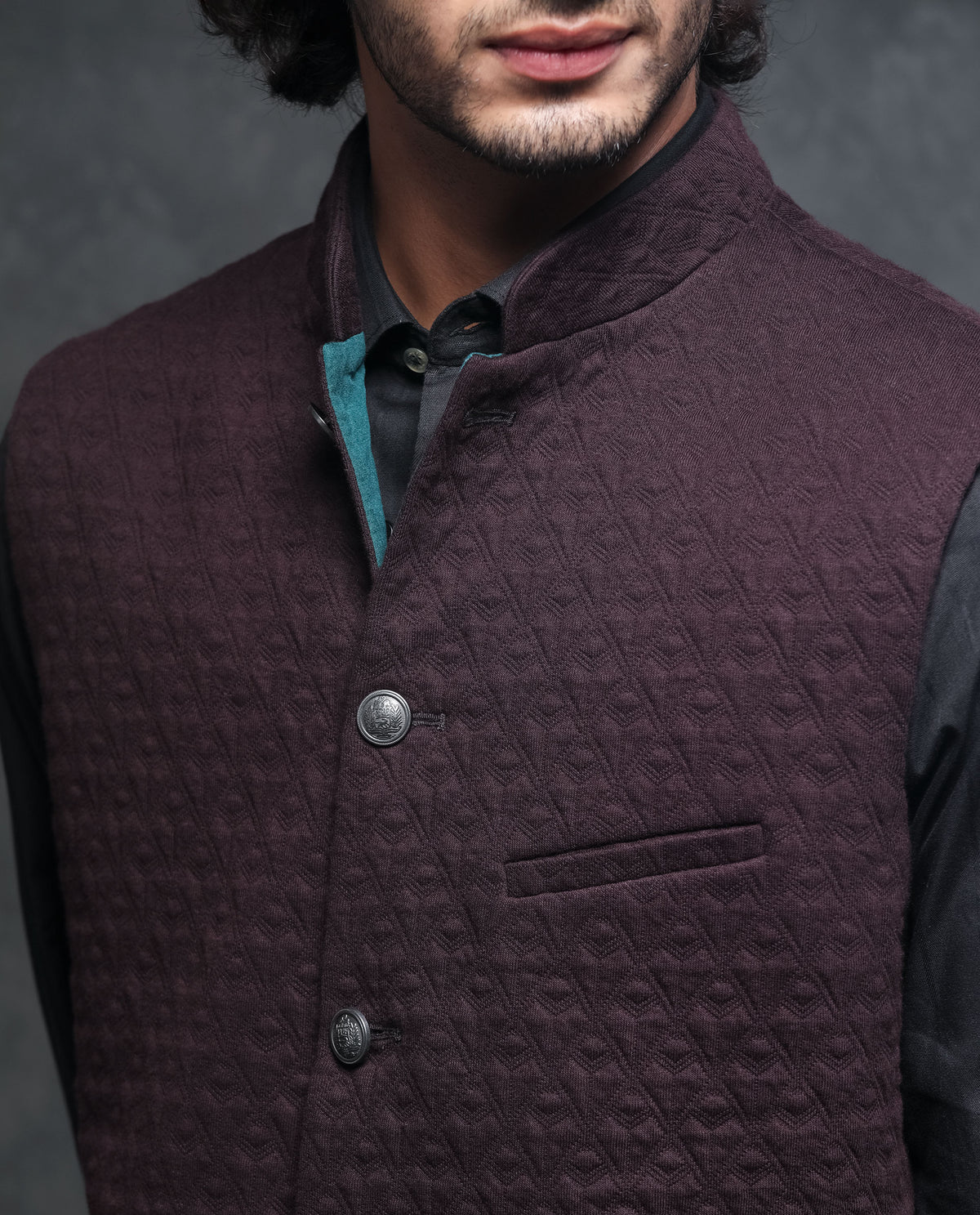 Rare Rabbit Men's Mitzi Dark Maroon Mandarin Collar Tailored Fit Geome