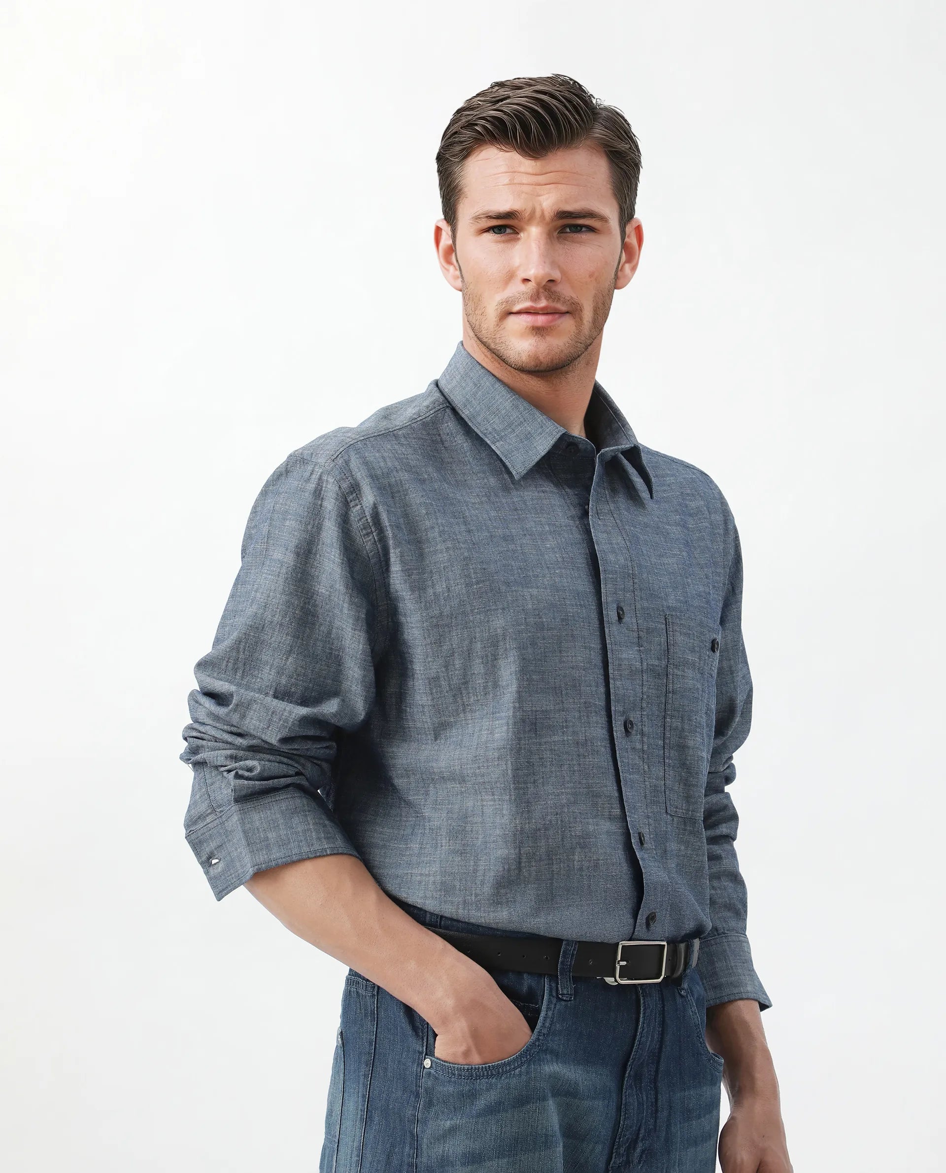 Rare Rabbit Men's Mivo Light Blue Cotton Plain Regular Fit Full Sleeve Collared Shirt