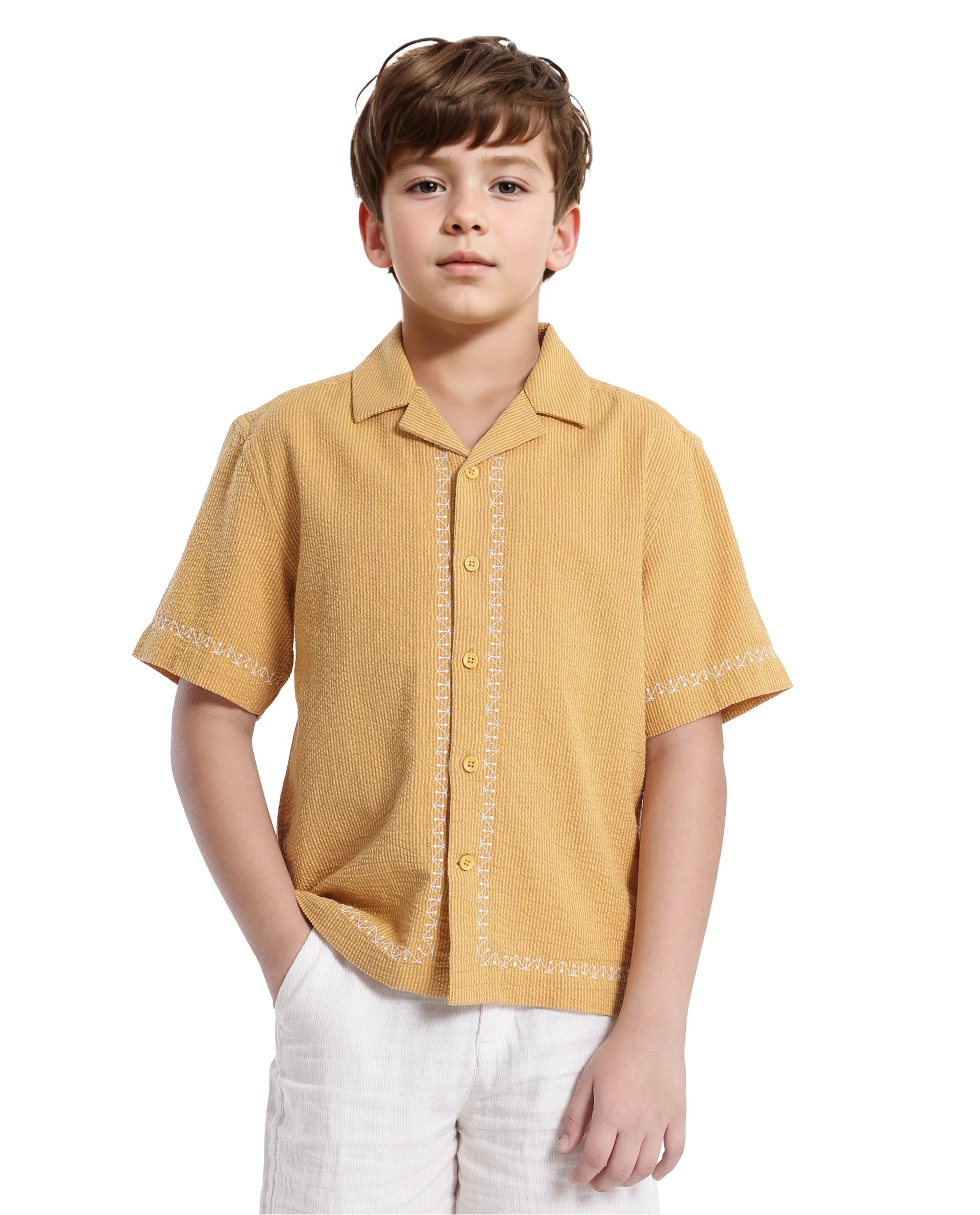 Rare Ones Kids Mixo-S Mustard Cotton Half Sleeve Embroidered Boxy Fit Shirt