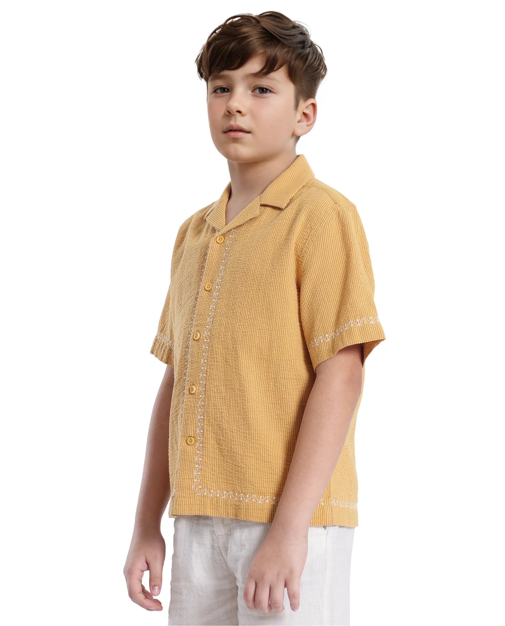 Rare Ones Kids Mixo-S Mustard Cotton Half Sleeve Embroidered Boxy Fit Shirt