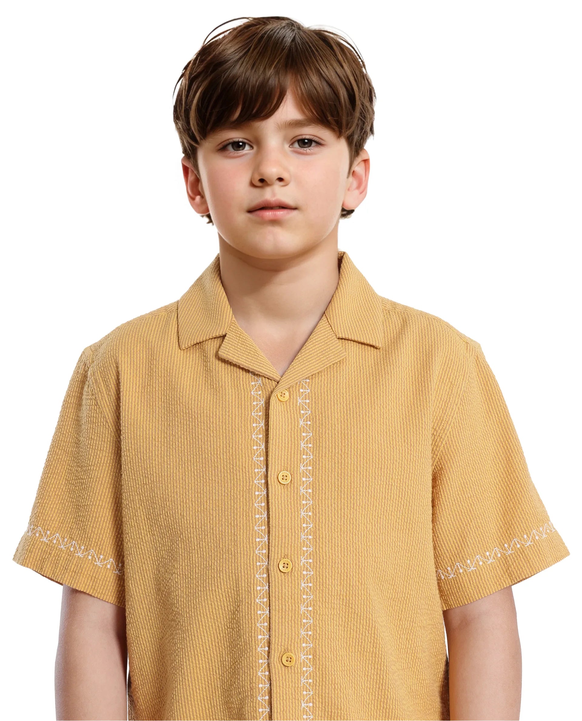 Rare Ones Kids Mixo-S Mustard Cotton Half Sleeve Embroidered Boxy Fit Shirt