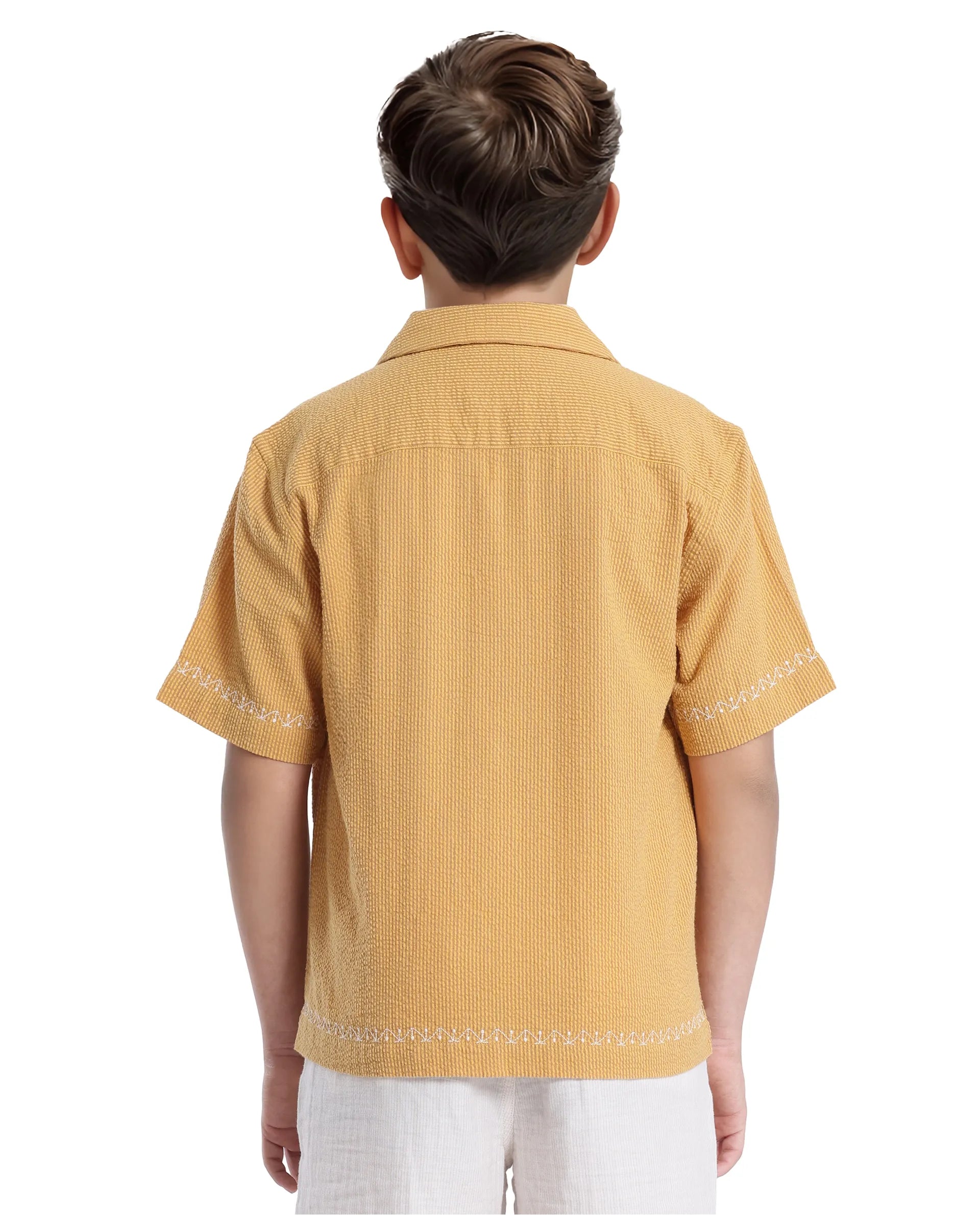 Rare Ones Kids Mixo-S Mustard Cotton Half Sleeve Embroidered Boxy Fit Shirt