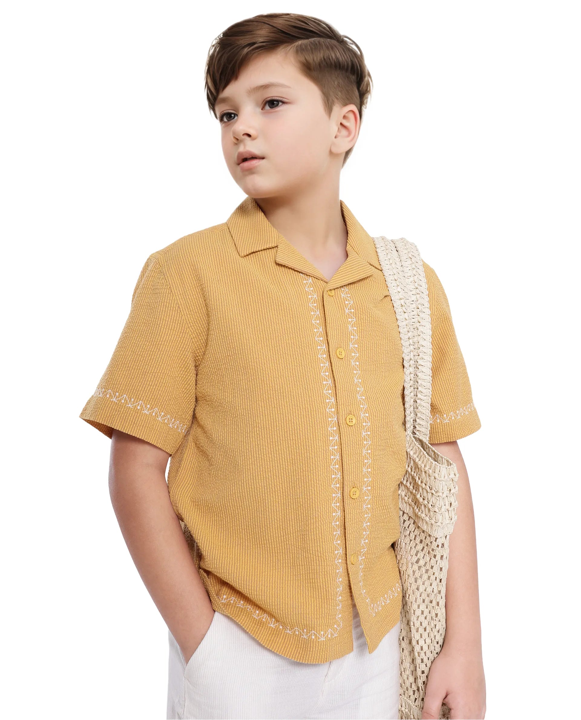 Rare Ones Kids Mixo-S Mustard Cotton Half Sleeve Embroidered Boxy Fit Shirt
