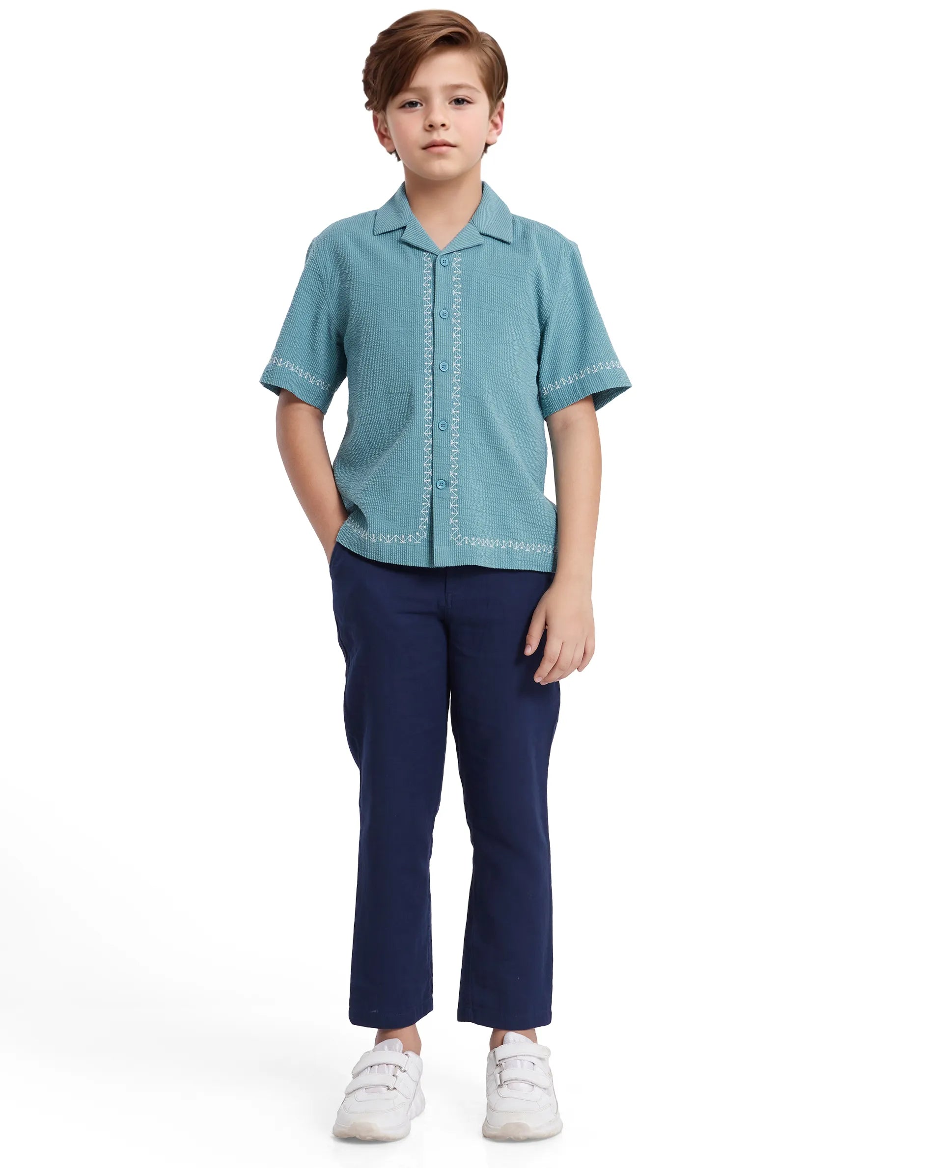 Rare Ones Kids Mixo-S Teal Cotton Half Sleeve Embroidered Boxy Fit Shirt