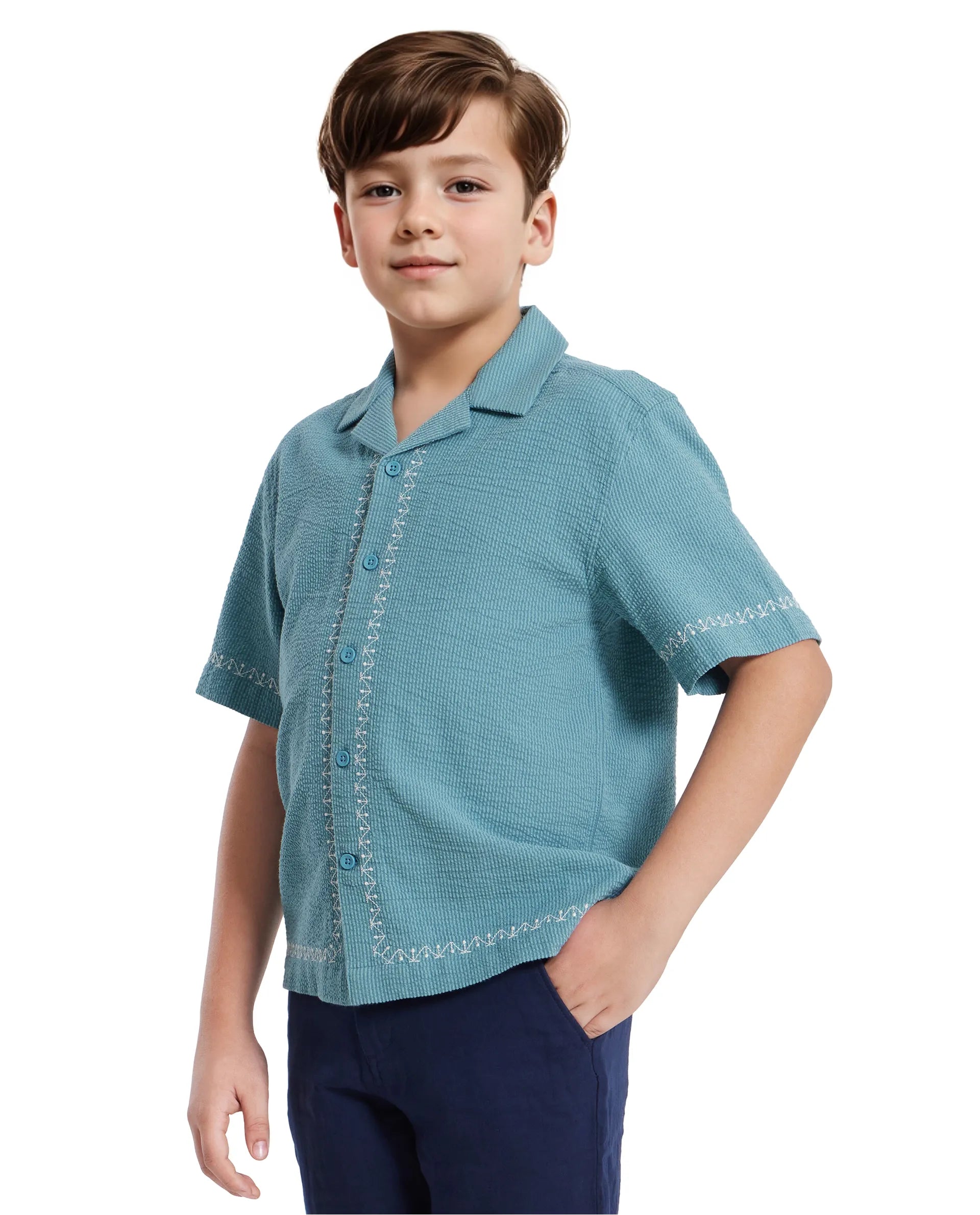 Rare Ones Kids Mixo-S Teal Cotton Half Sleeve Embroidered Boxy Fit Shirt