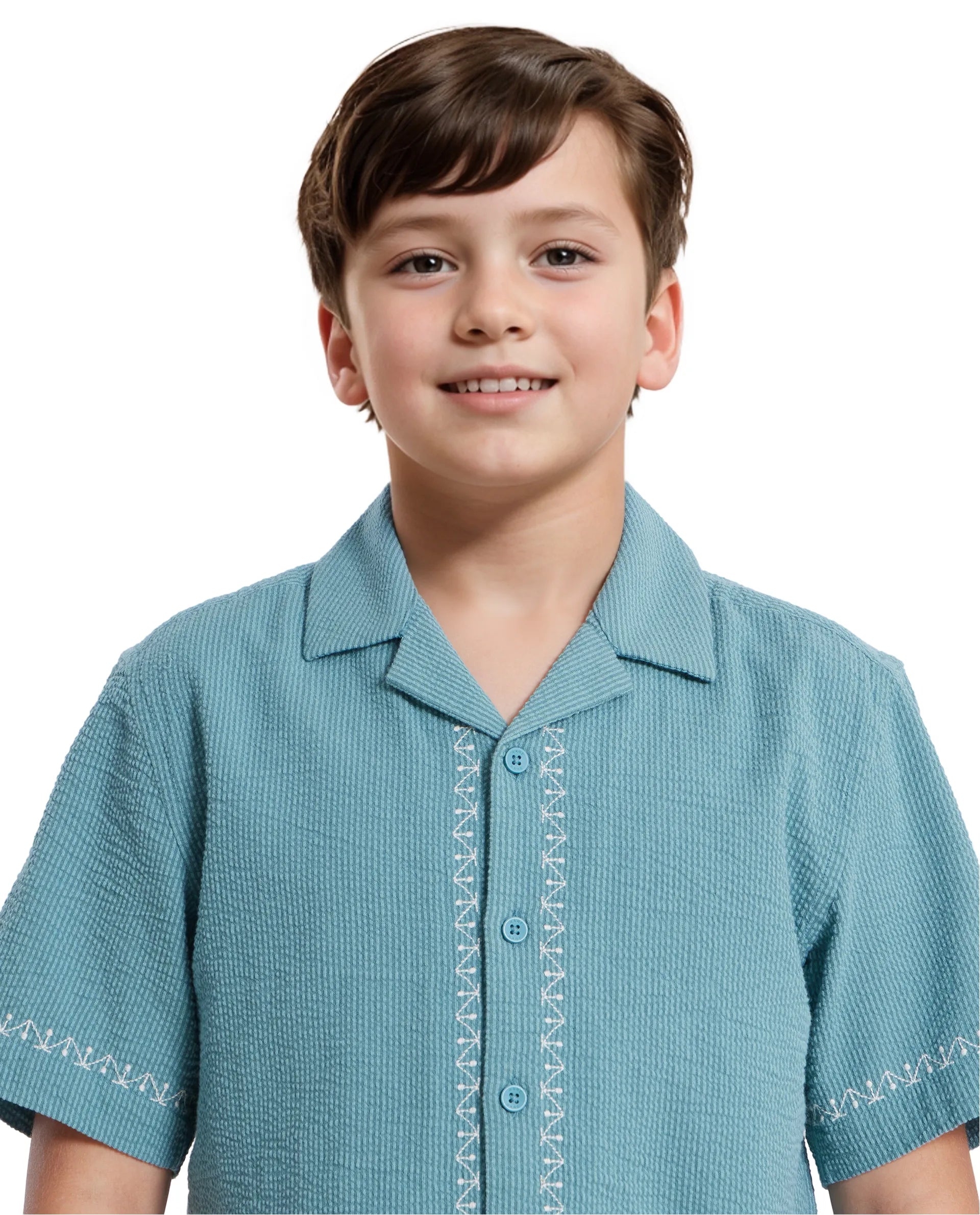 Rare Ones Kids Mixo-S Teal Cotton Half Sleeve Embroidered Boxy Fit Shirt