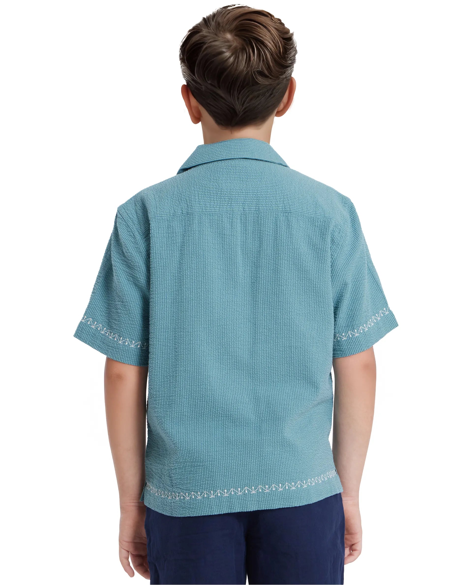 Rare Ones Kids Mixo-S Teal Cotton Half Sleeve Embroidered Boxy Fit Shirt