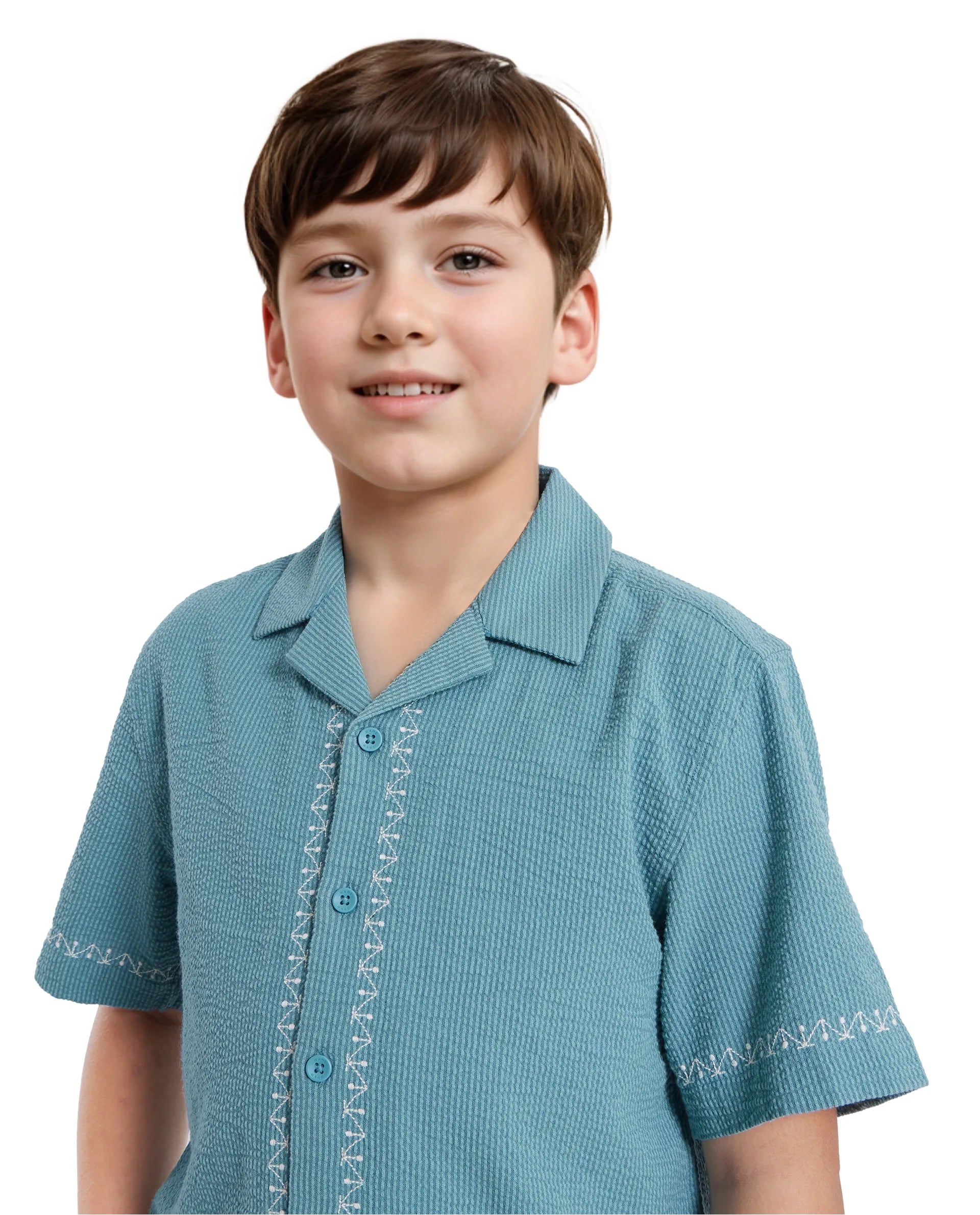 Rare Ones Kids Mixo-S Teal Cotton Half Sleeve Embroidered Boxy Fit Shirt
