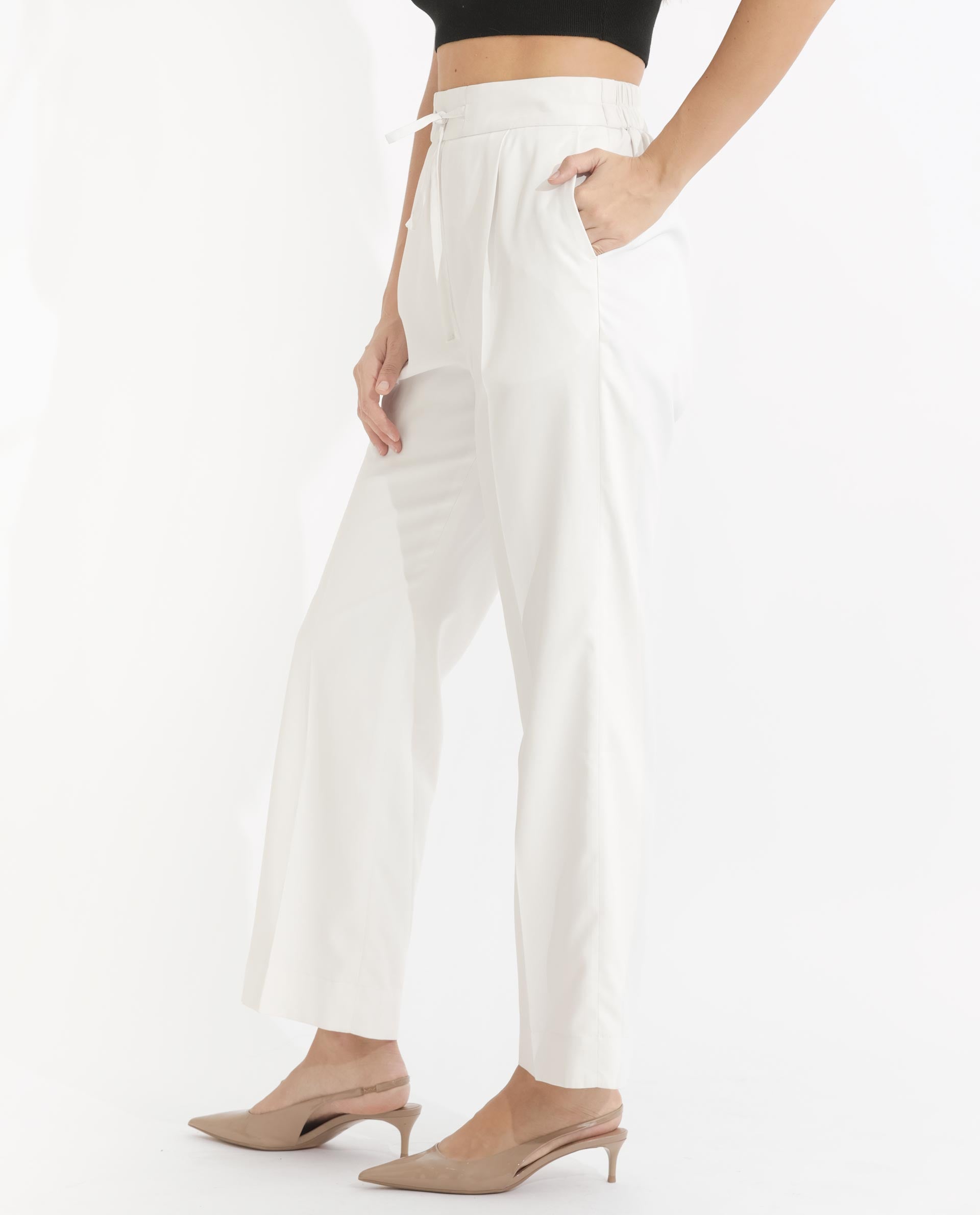 Rareism Women Miza Off White  Tailored Fit High Rise Solid Ankle Length Trousers