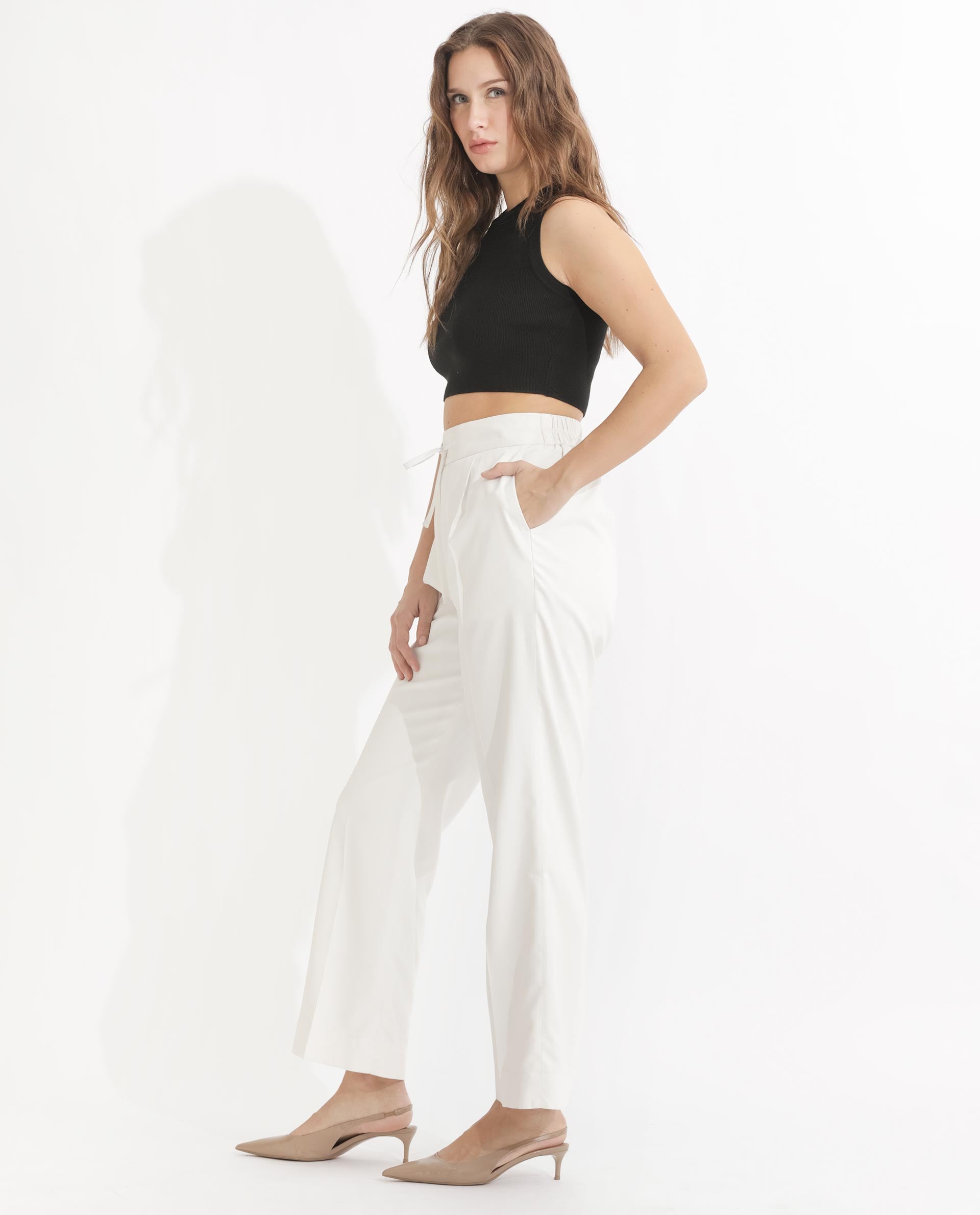 Rareism Women Miza Off White  Tailored Fit High Rise Solid Ankle Length Trousers