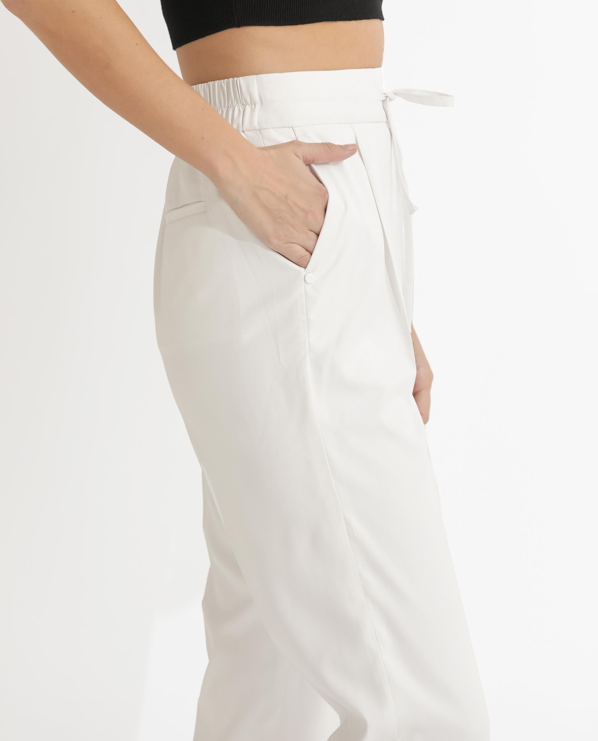 Rareism Women Miza Off White  Tailored Fit High Rise Solid Ankle Length Trousers