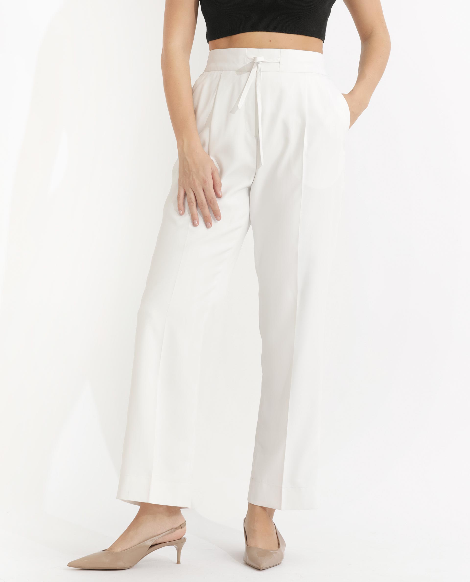Rareism Women Miza Off White  Tailored Fit High Rise Solid Ankle Length Trousers