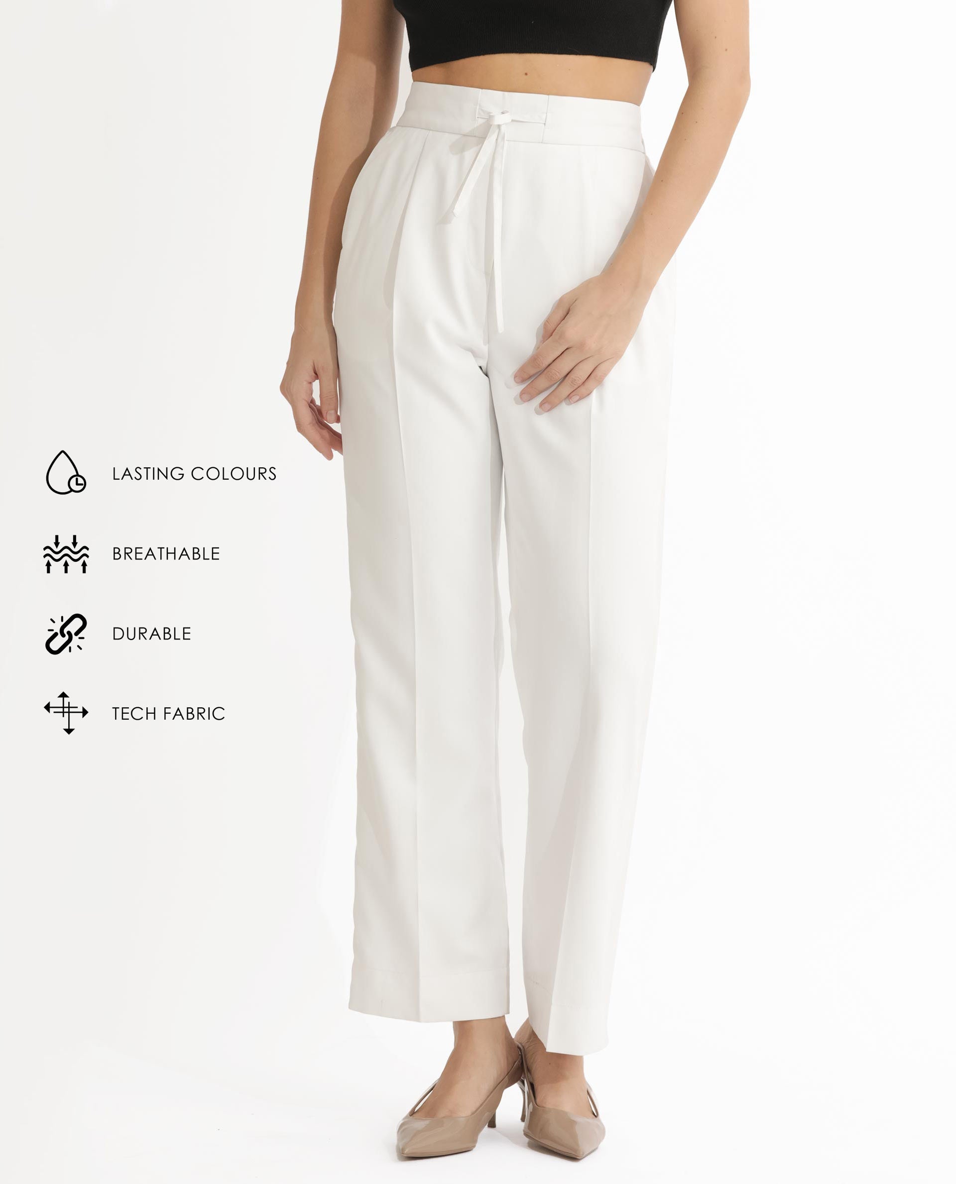 Rareism Women Miza Off White  Tailored Fit High Rise Solid Ankle Length Trousers