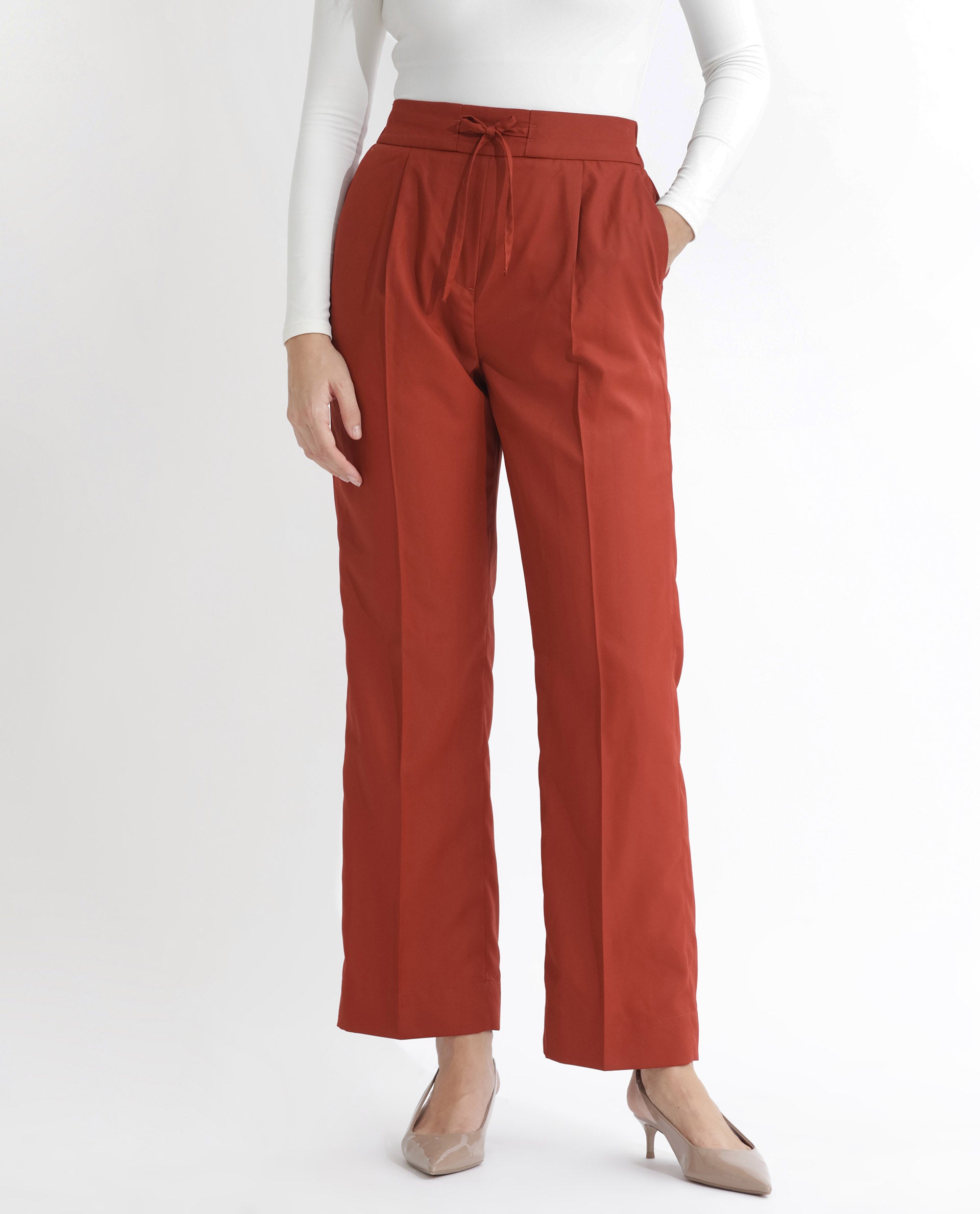 Rareism Articale Women Miza Orange Cotton Fabric Drawstring Closure Straight Fit Plain Ankle Length Trousers