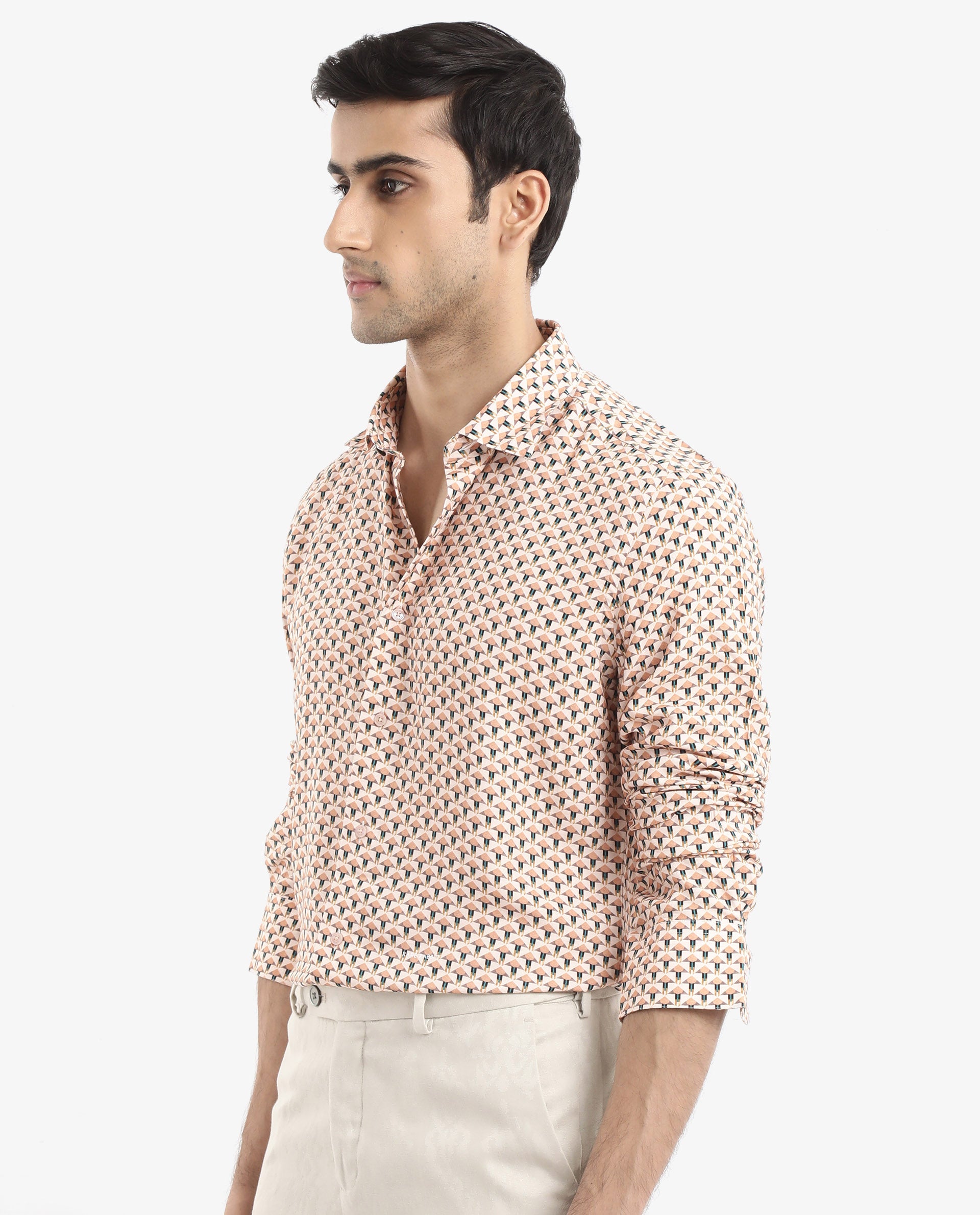 Rare Rabbit Men's Mizar Beige Viscose Fabric Full Sleeve Regular Fit Geometric Print Shirt