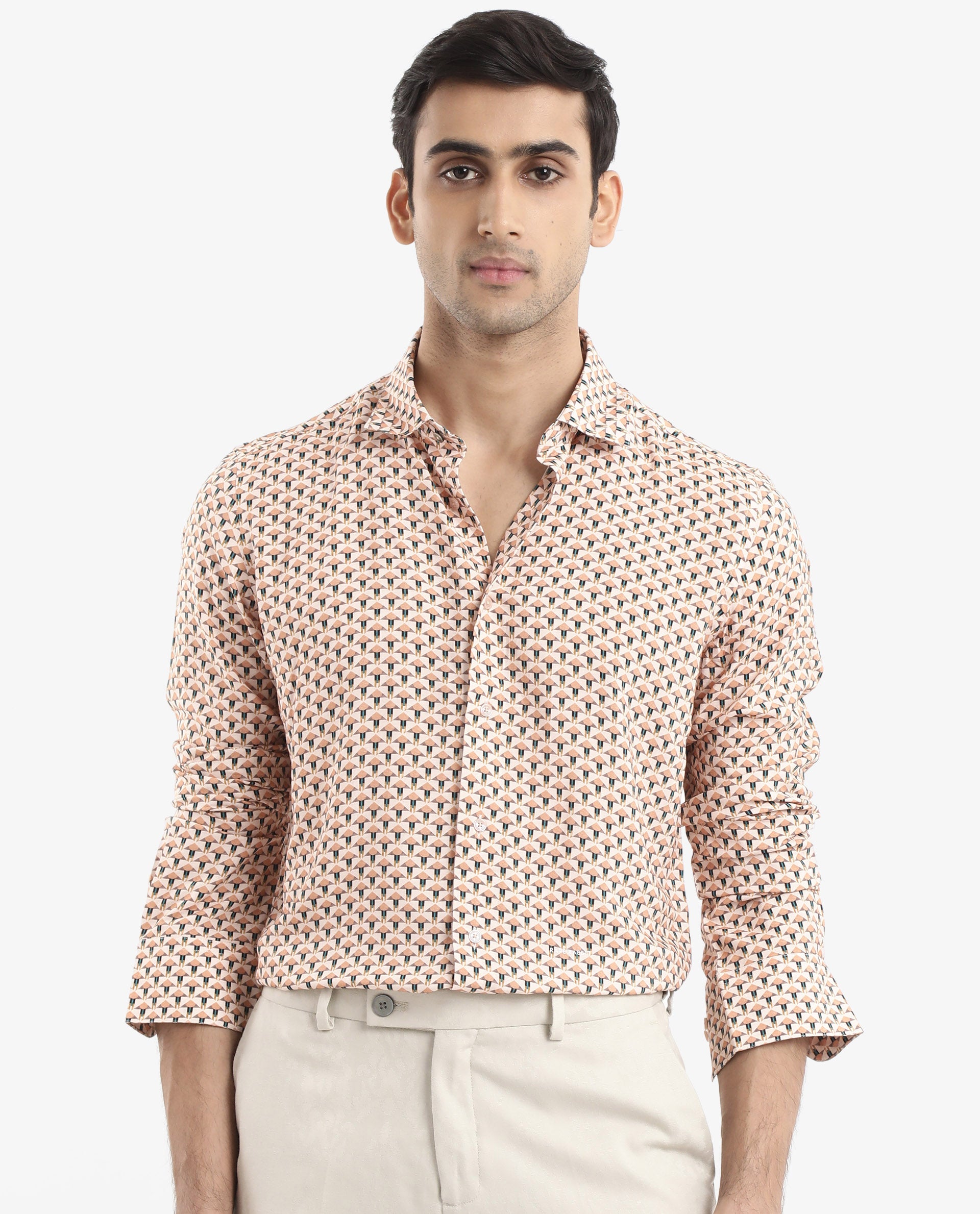 Rare Rabbit Men's Mizar Beige Viscose Fabric Full Sleeve Regular Fit Geometric Print Shirt