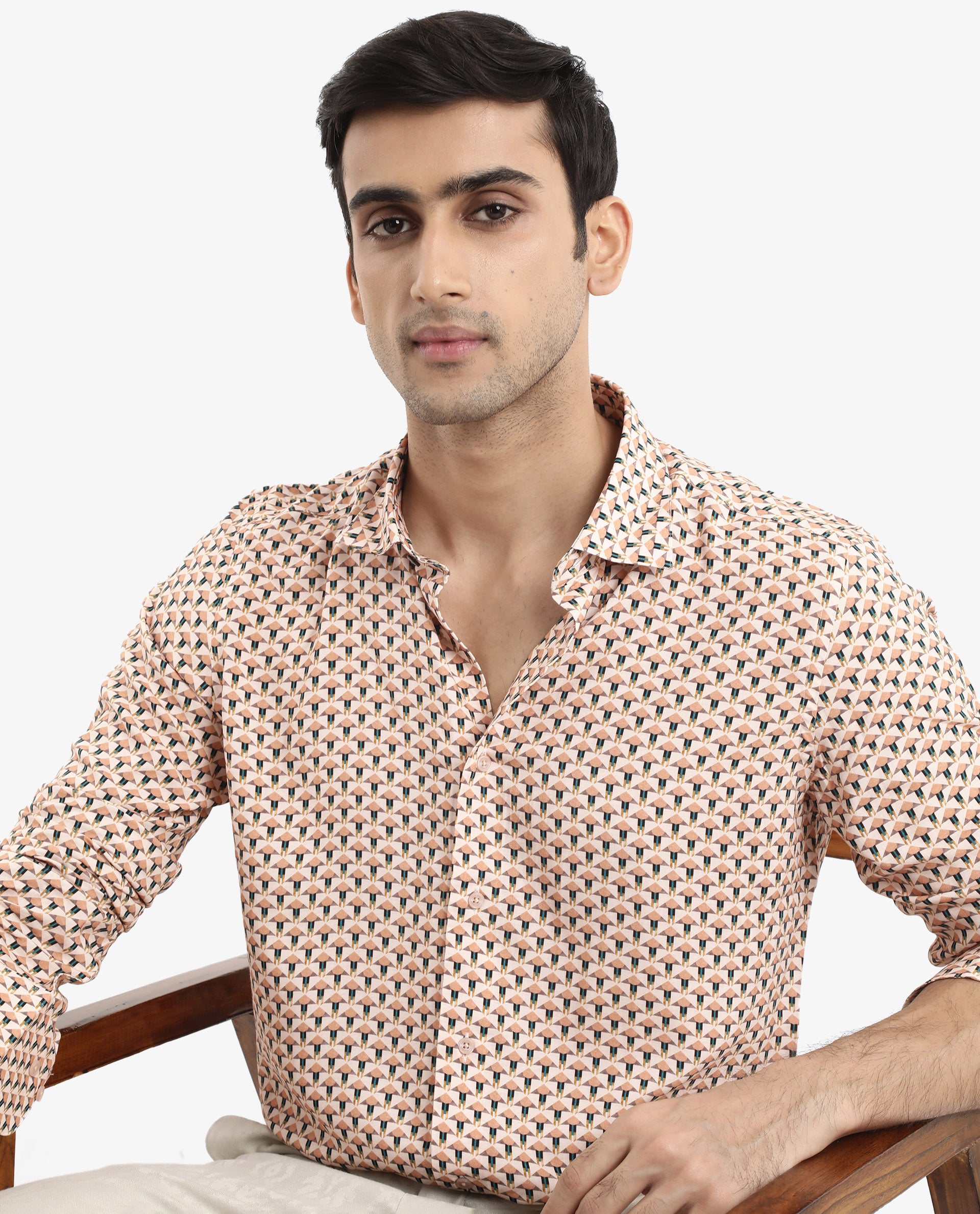 Rare Rabbit Men's Mizar Beige Viscose Fabric Full Sleeve Regular Fit Geometric Print Shirt