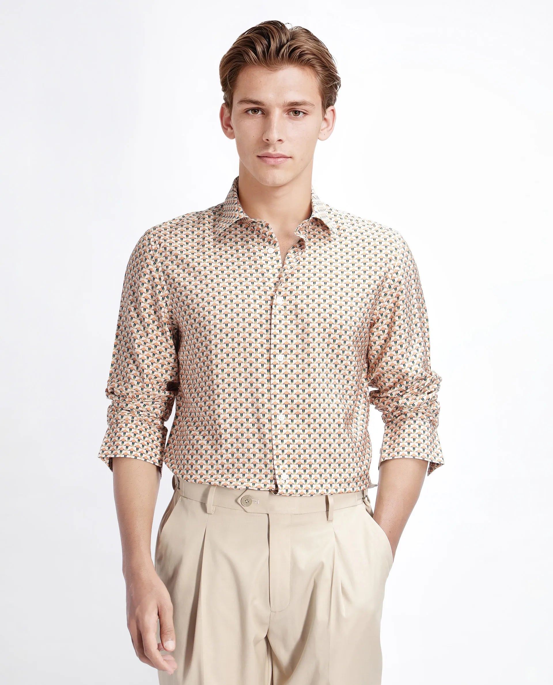 Rare Rabbit Men's Miz Beige Viscose Blend Geometric Print Regular Fit Full Sleeve Collared Shirt