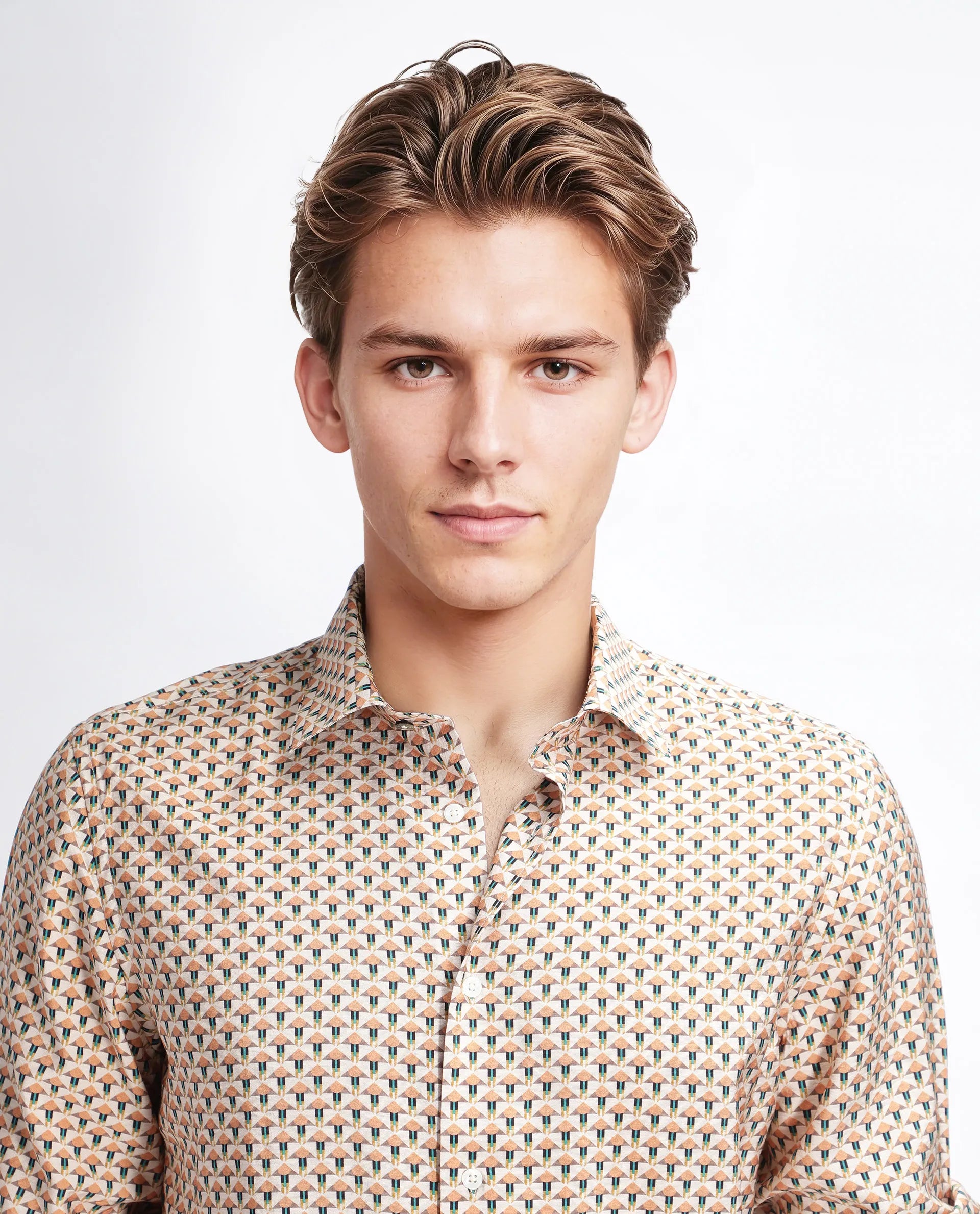 Rare Rabbit Men's Miz Beige Viscose Blend Geometric Print Regular Fit Full Sleeve Collared Shirt