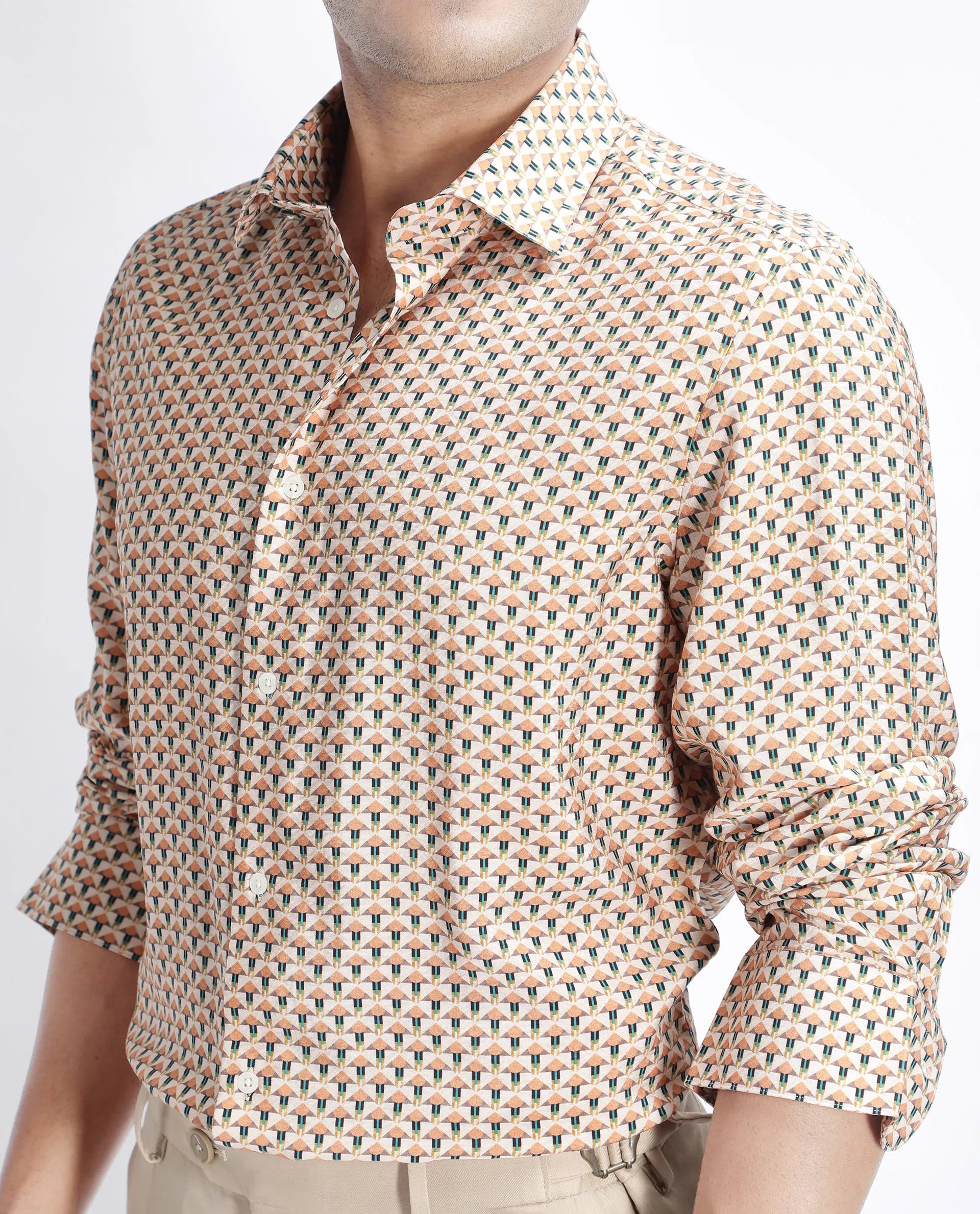 Rare Rabbit Men's Miz Beige Viscose Blend Geometric Print Regular Fit Full Sleeve Collared Shirt