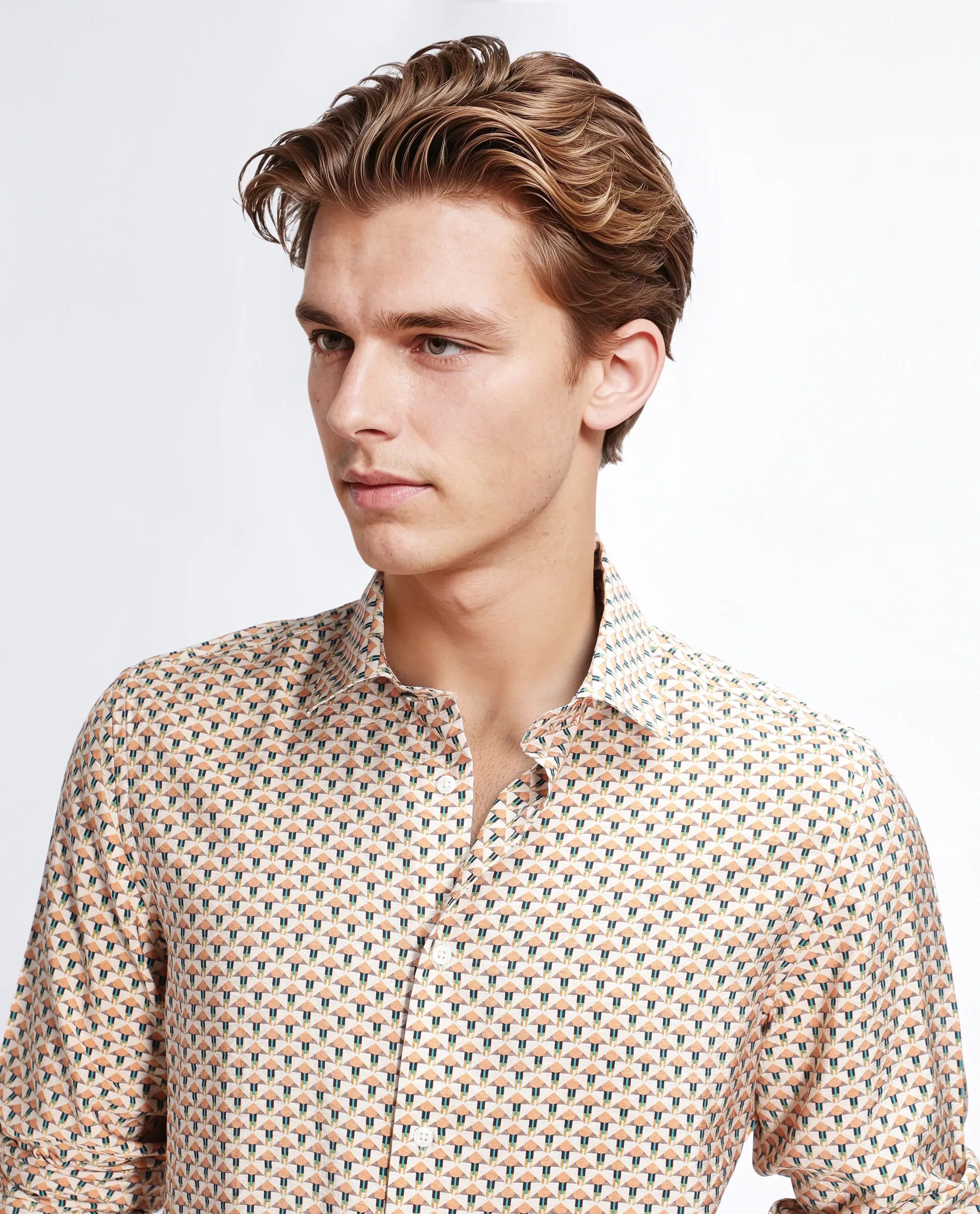 Rare Rabbit Men's Miz Beige Viscose Blend Geometric Print Regular Fit Full Sleeve Collared Shirt