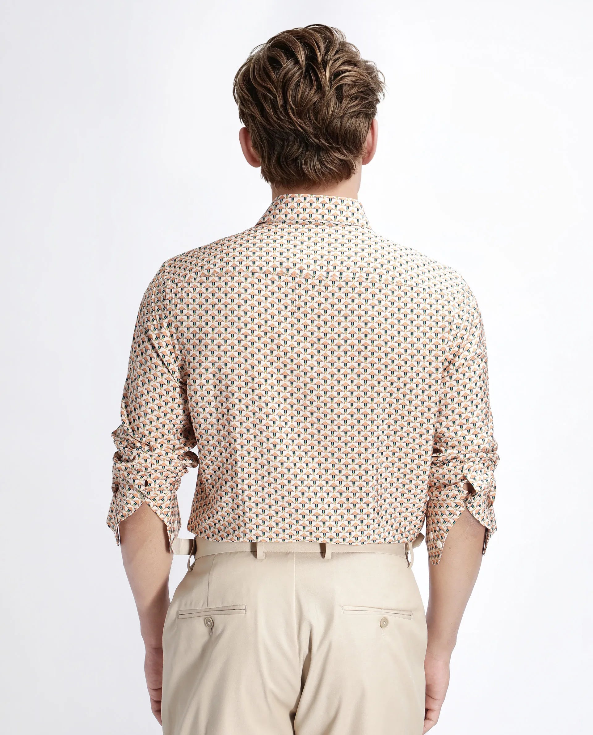 Rare Rabbit Men's Miz Beige Viscose Blend Geometric Print Regular Fit Full Sleeve Collared Shirt