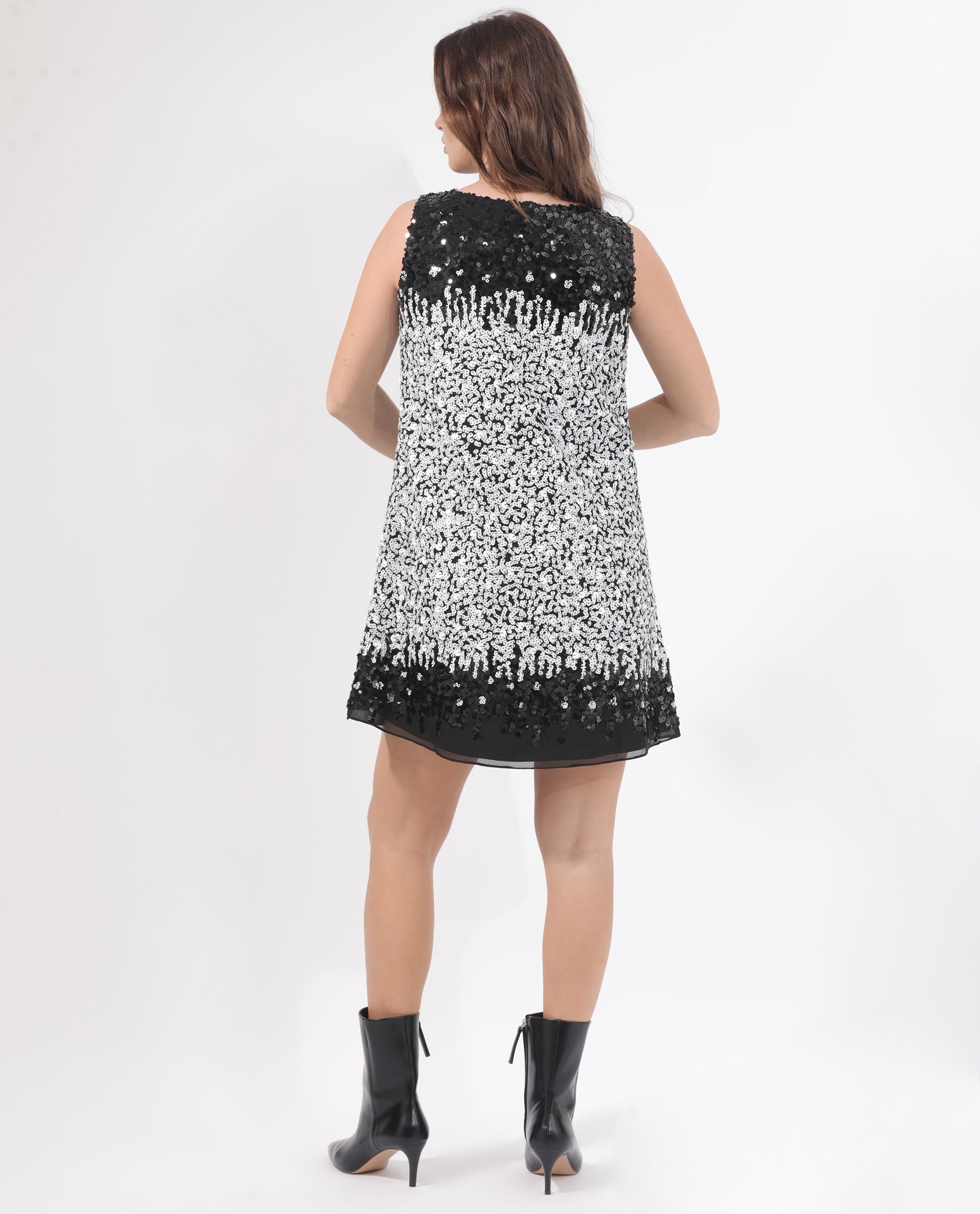 Rareism Women Moana Sheen White Polyester Fabric V-Neck Sleeveless Regular Fit Sequined Short Dress